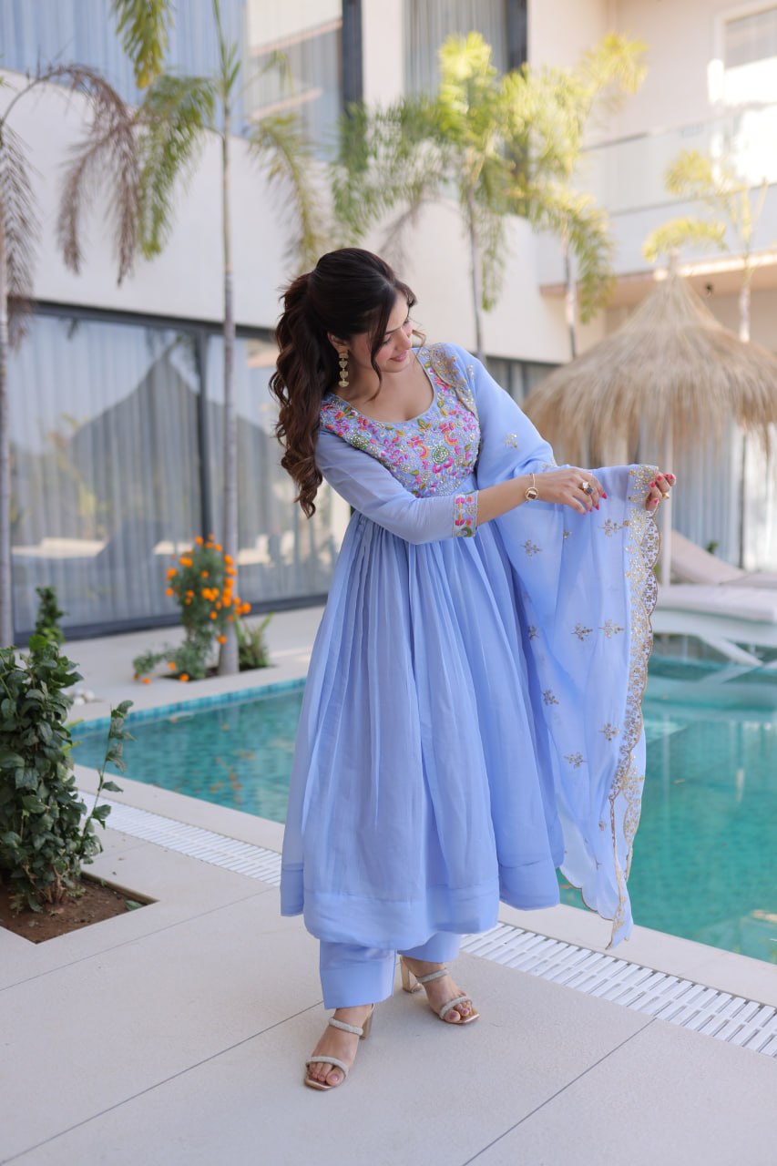 Anamika Sky Coloured Mal Chanderi  with Beads embroidery-work Gown Dupatta Set