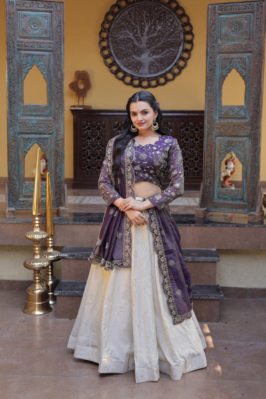 Bhagyashree Purple Cosmos Zari Sequins Embroidered Lehenga Choli Set