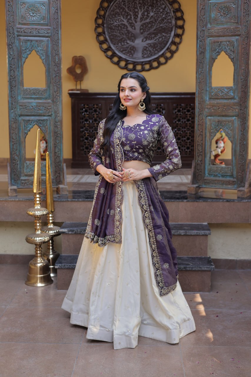 Bhagyashree Purple Cosmos Zari Sequins Embroidered Lehenga Choli Set