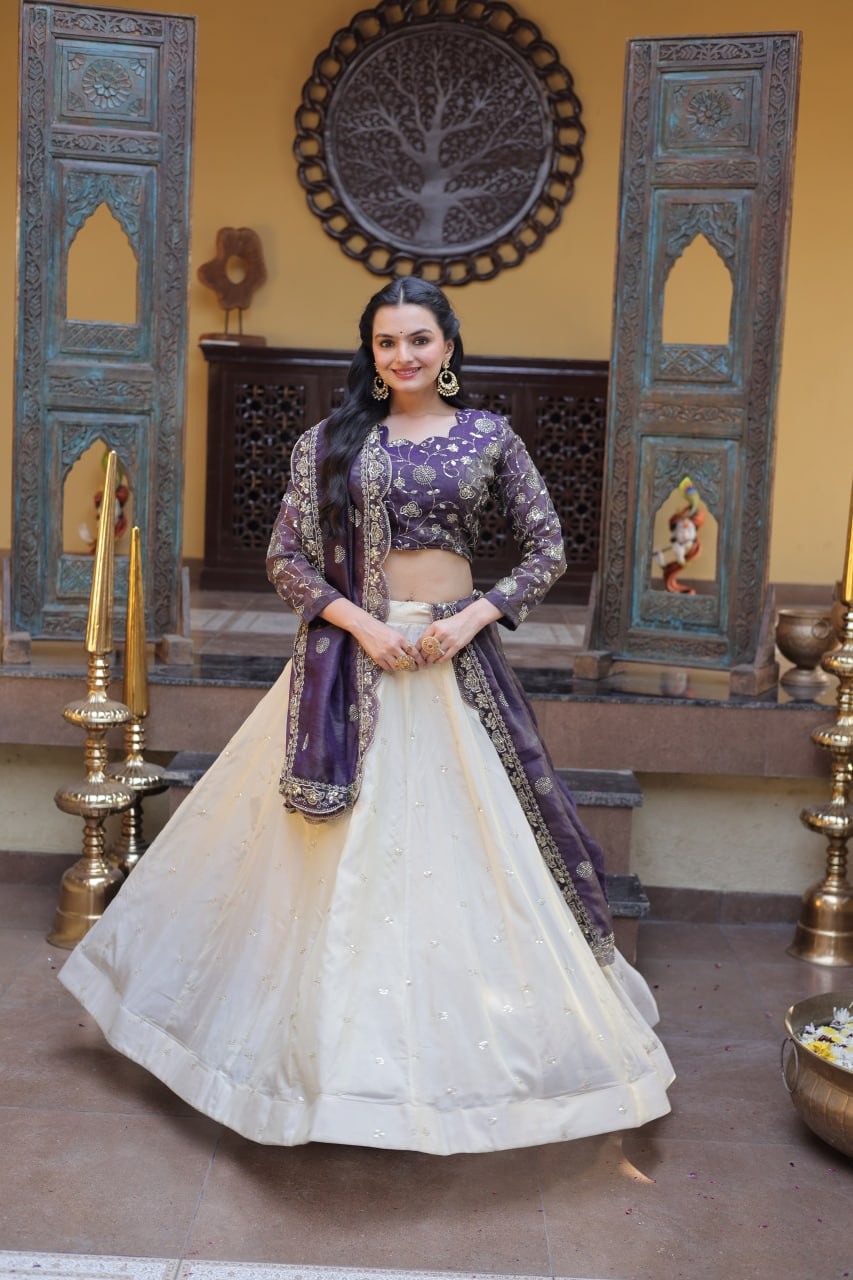Bhagyashree Purple Cosmos Zari Sequins Embroidered Lehenga Choli Set