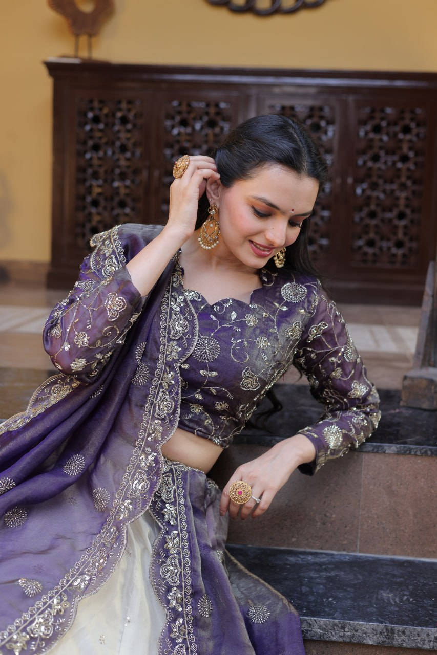 Bhagyashree Purple Cosmos Zari Sequins Embroidered Lehenga Choli Set