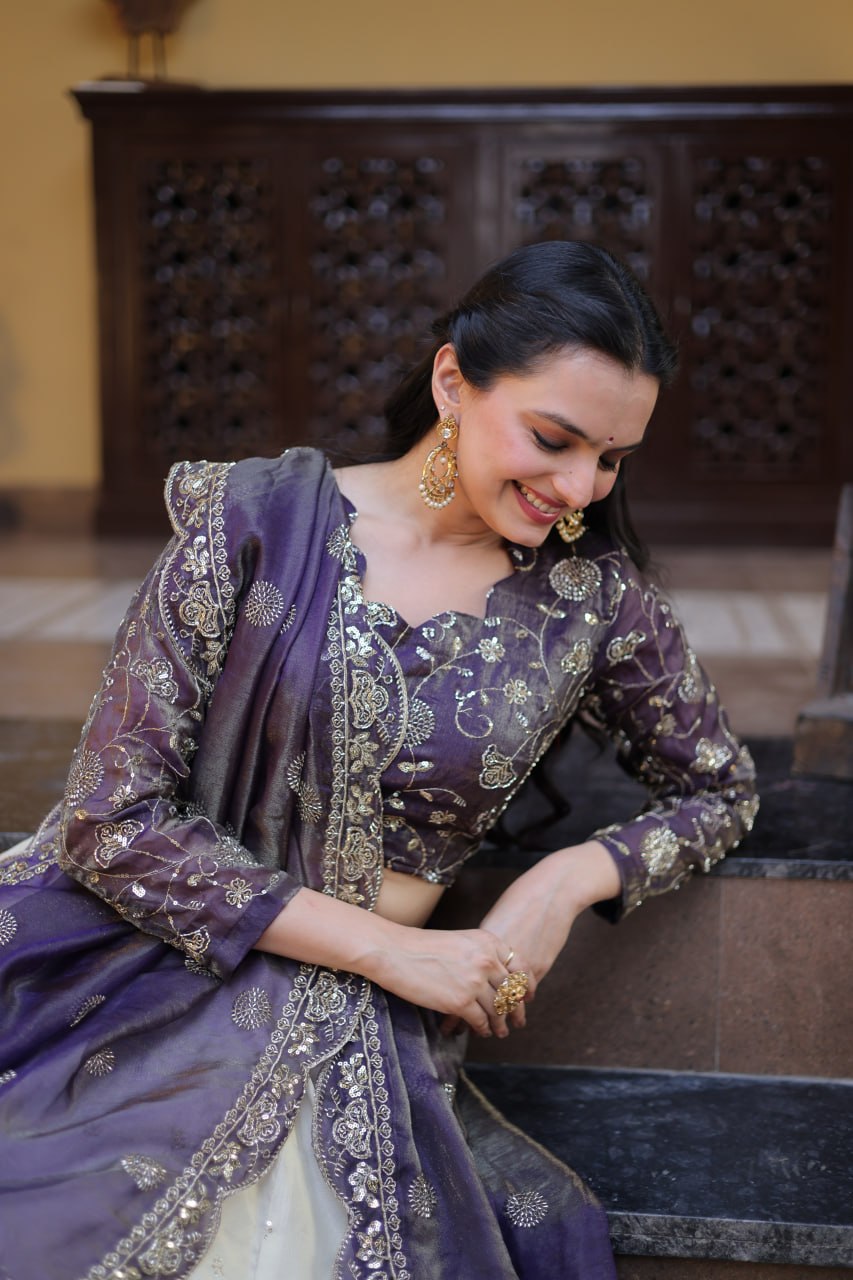 Bhagyashree Purple Cosmos Zari Sequins Embroidered Lehenga Choli Set
