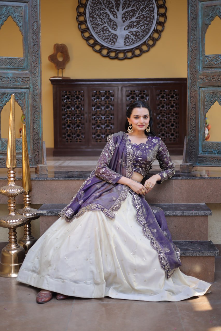 Bhagyashree Purple Cosmos Zari Sequins Embroidered Lehenga Choli Set