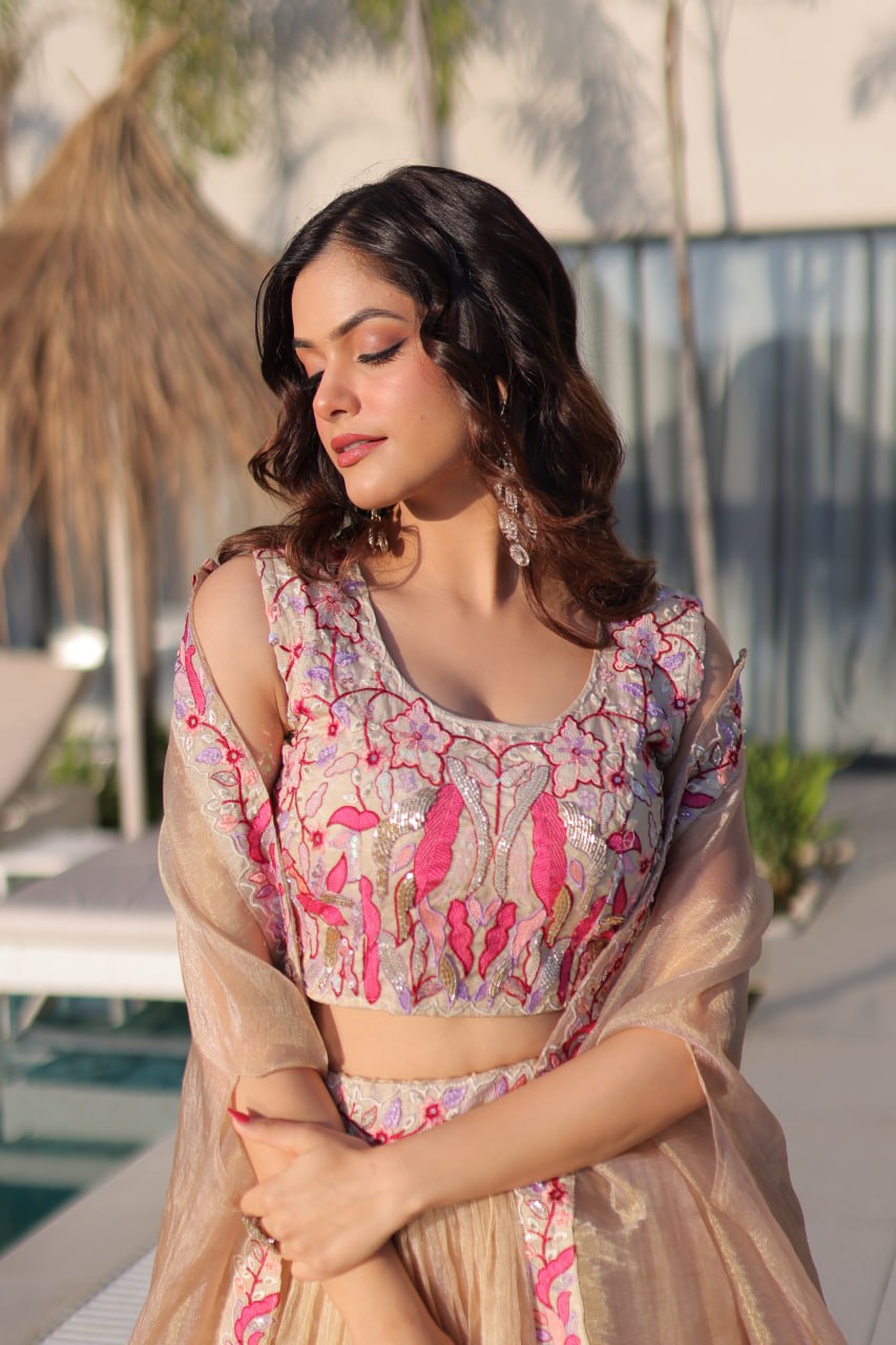 Simran Off White Sindur Silk Beads Embroidered Lehenga Choli Set