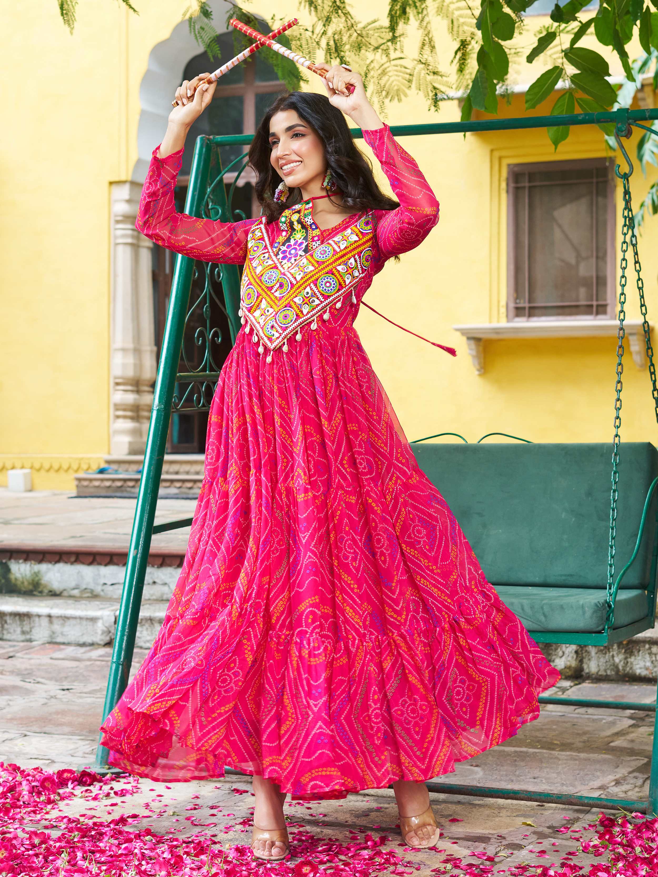 Pink Bandhani print georgette Kutchi patchwork flair Navratri gown