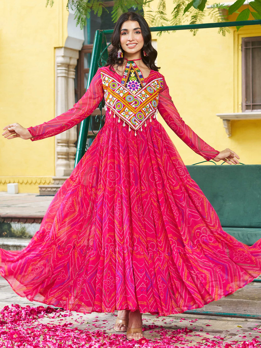 Pink Bandhani print georgette Kutchi patchwork flair Navratri gown