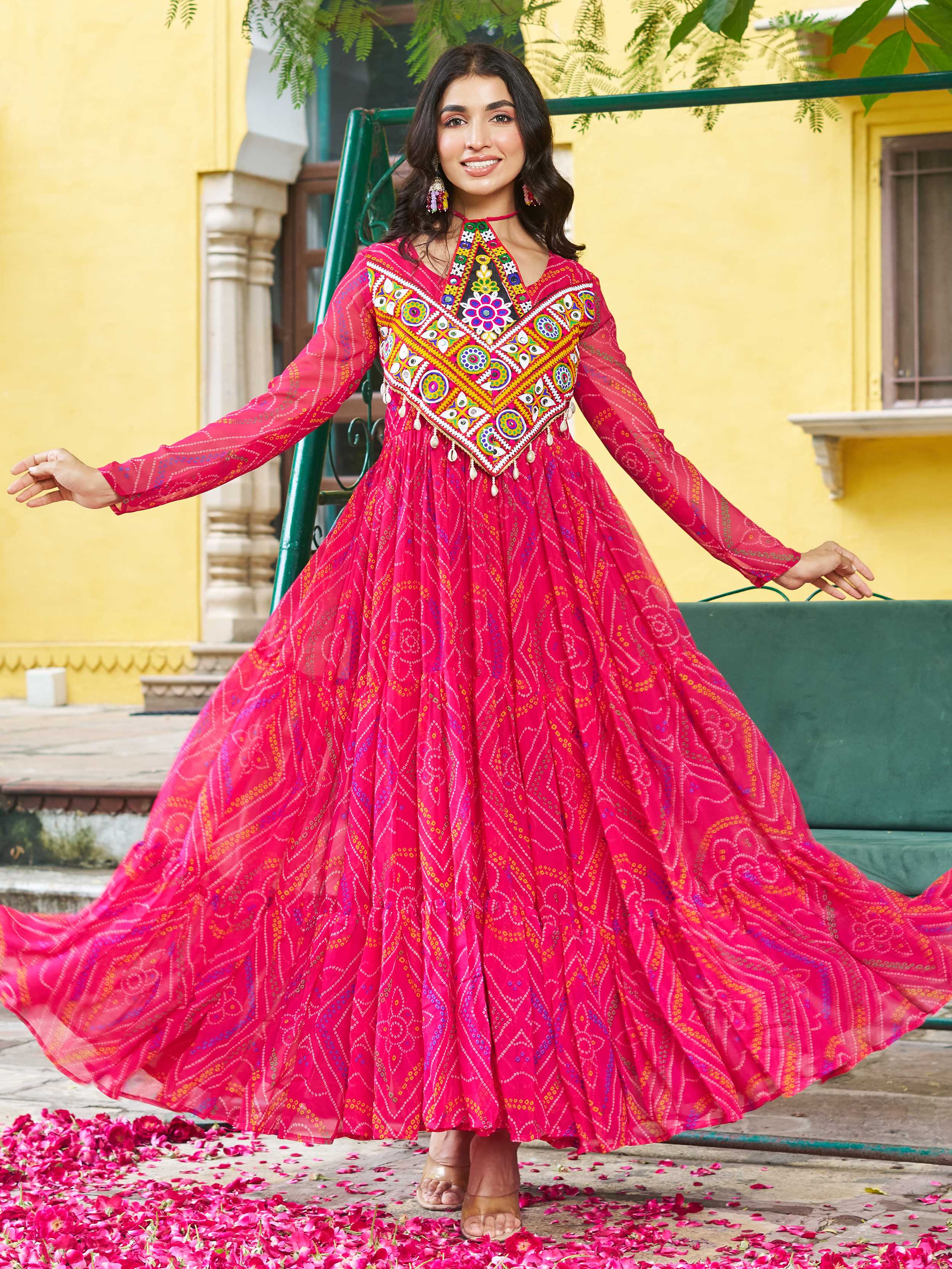 Pink Bandhani print georgette Kutchi patchwork flair Navratri gown