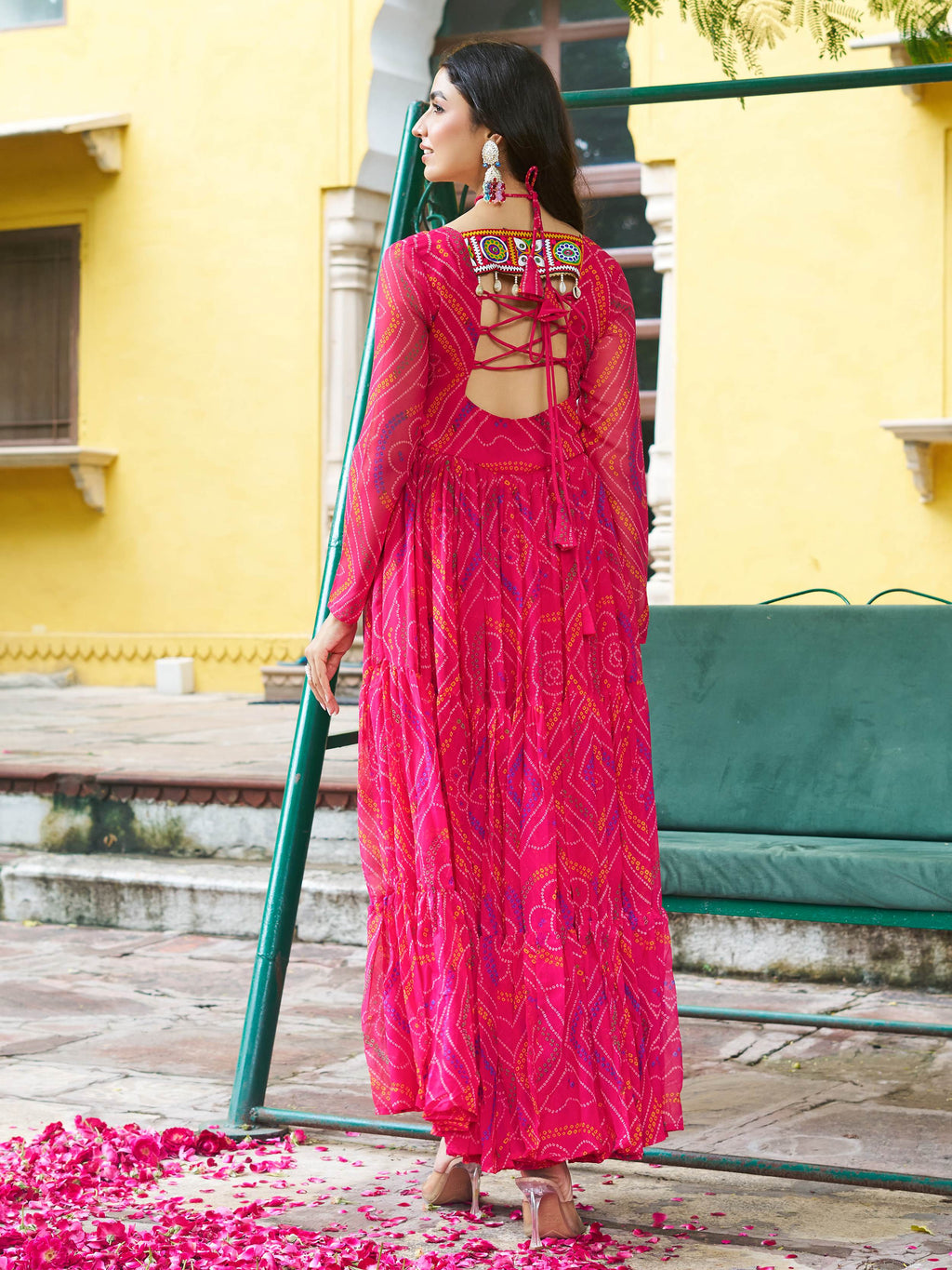 Pink Bandhani print georgette Kutchi patchwork flair Navratri gown