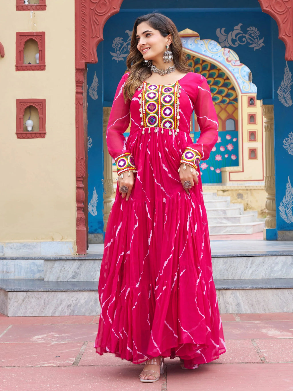 Pink bandhani print georgette navratri gown with kutchi patchwork