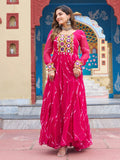 Pink bandhani print georgette navratri gown with kutchi patchwork
