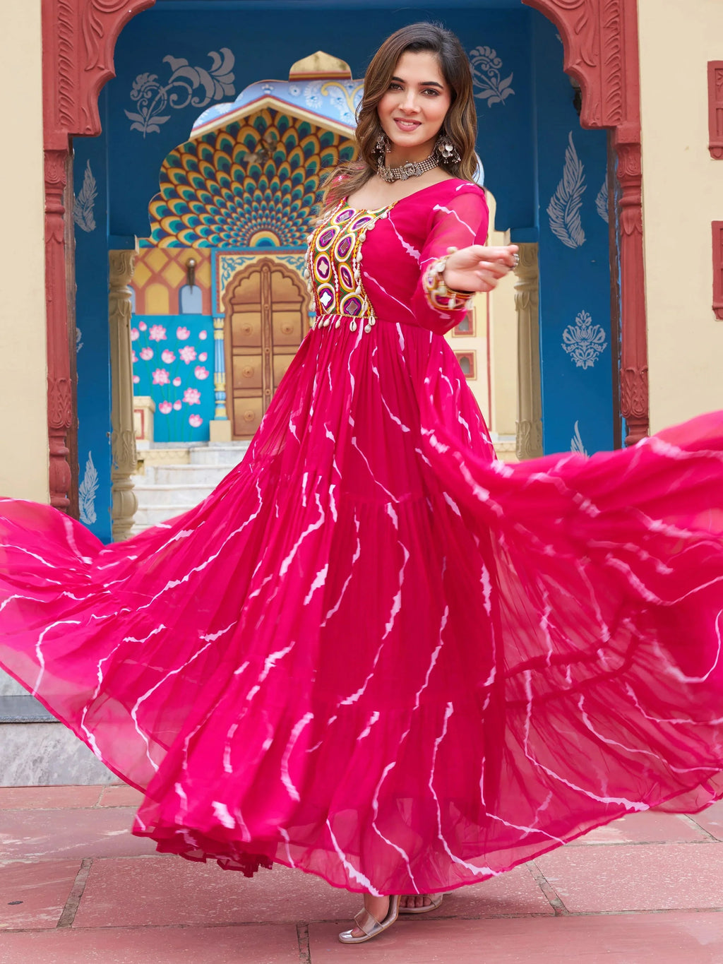 Pink bandhani print georgette navratri gown with kutchi patchwork