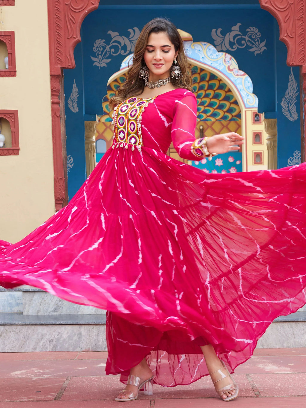 Pink bandhani print georgette navratri gown with kutchi patchwork