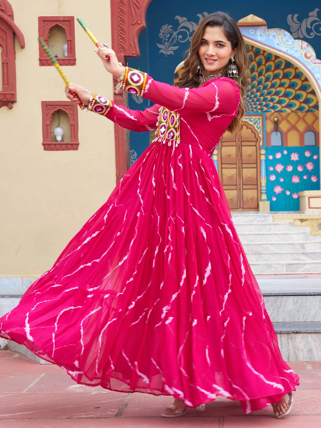 Pink bandhani print georgette navratri gown with kutchi patchwork
