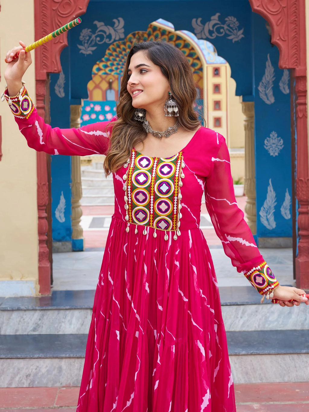 Pink bandhani print georgette navratri gown with kutchi patchwork