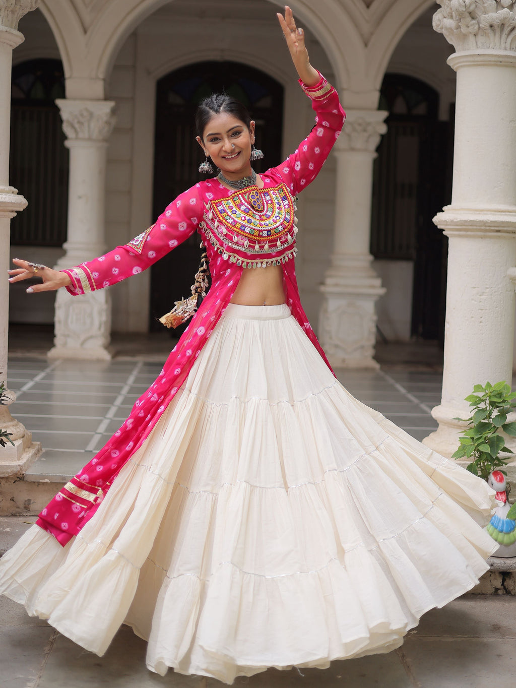 Pink bandhani print kurti with kutchi patchwork kora cotton lehenga