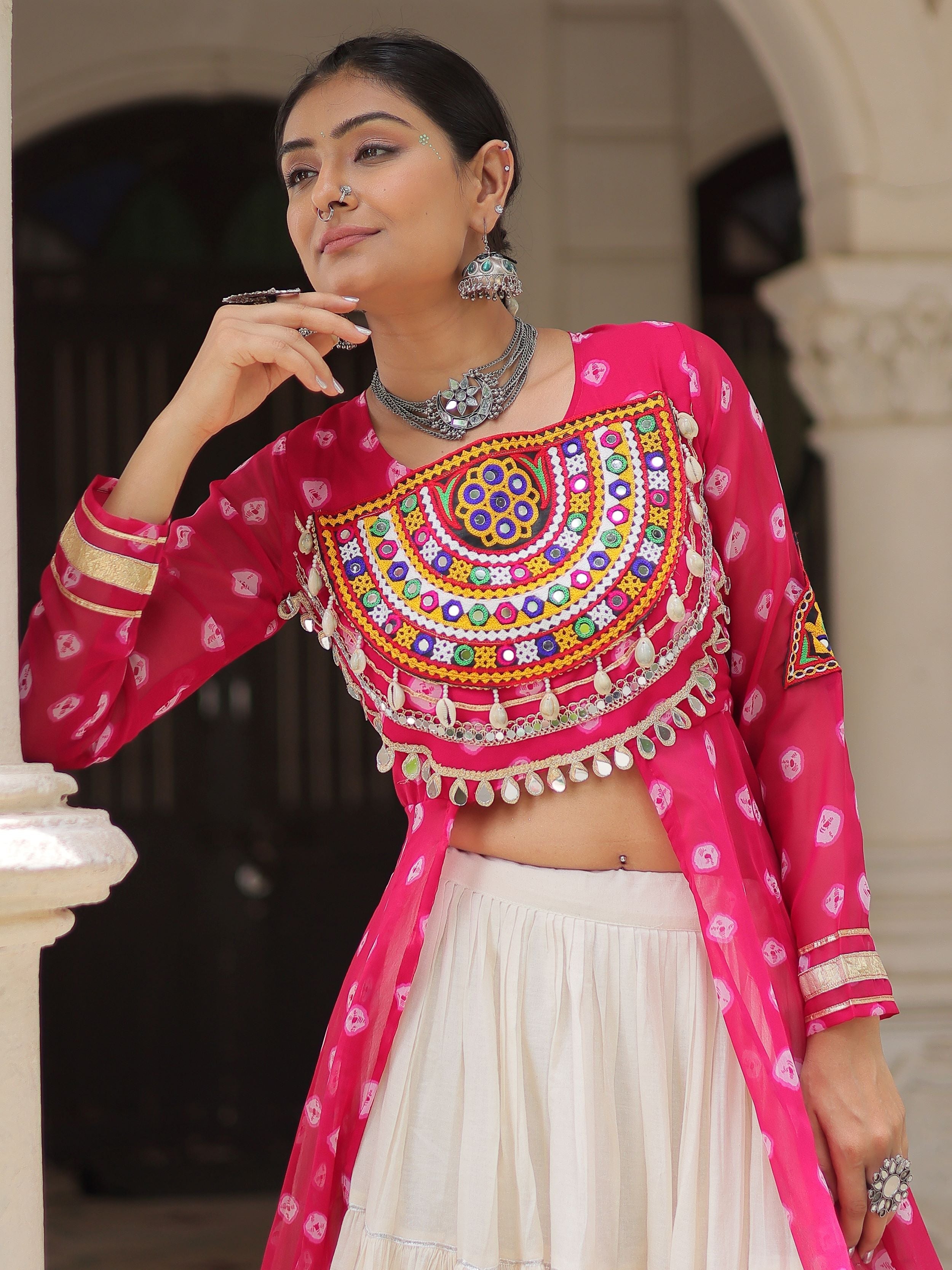 Pink bandhani print kurti with kutchi patchwork kora cotton lehenga