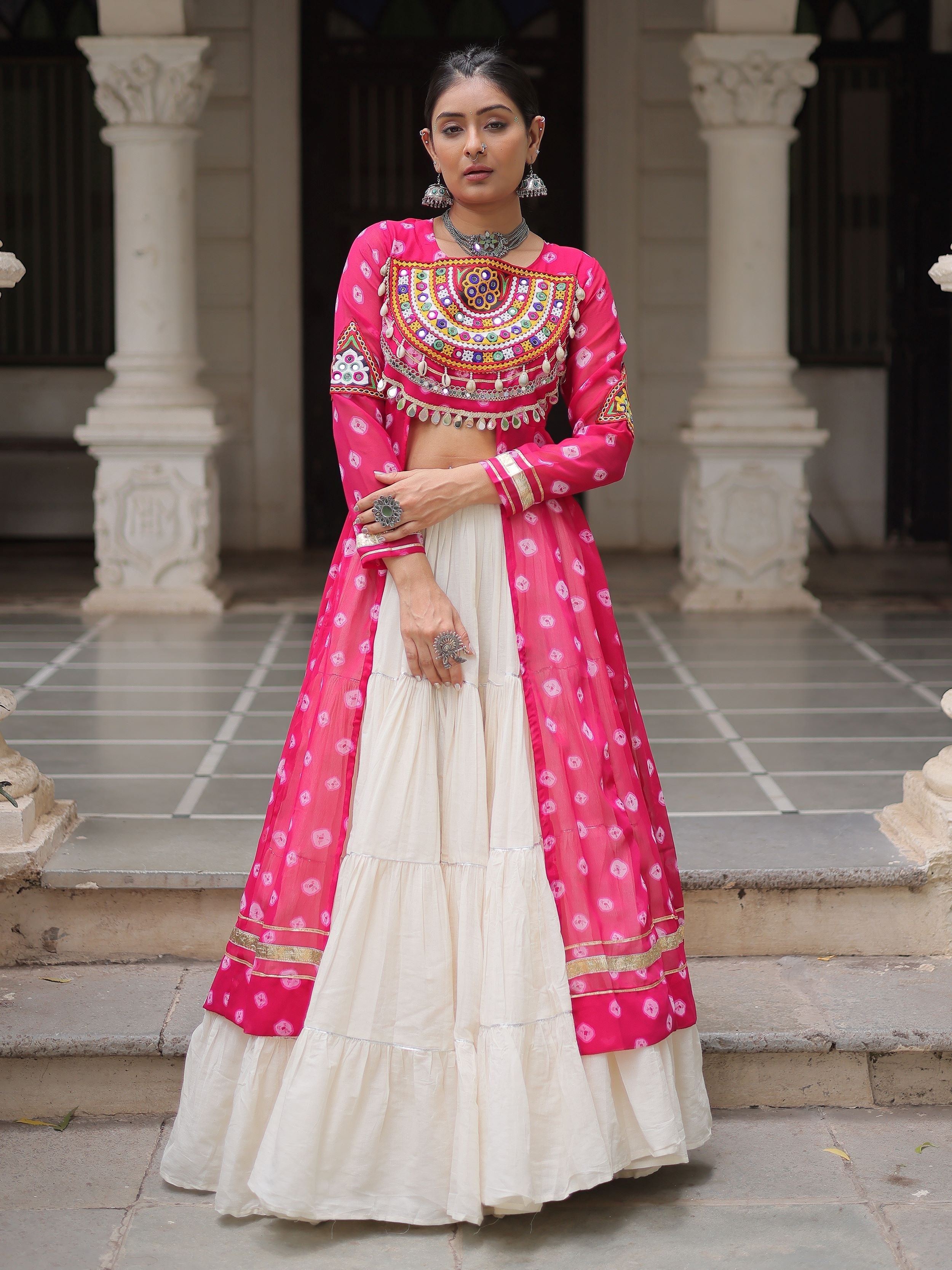 Pink bandhani print kurti with kutchi patchwork kora cotton lehenga