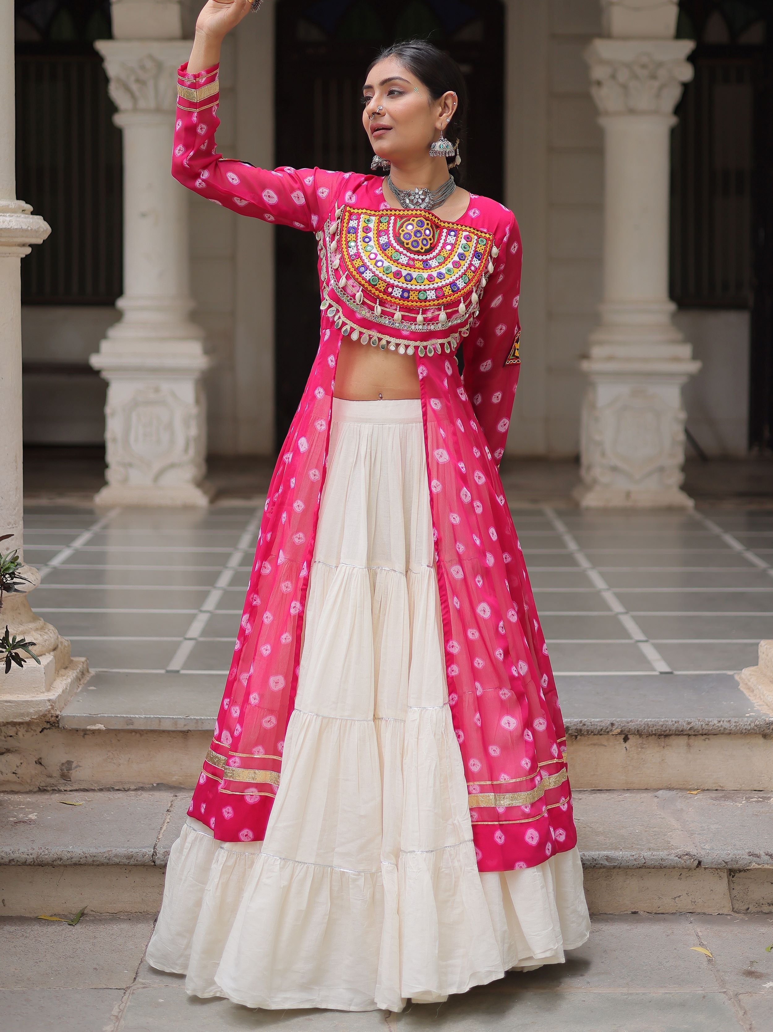 Pink bandhani print kurti with kutchi patchwork kora cotton lehenga