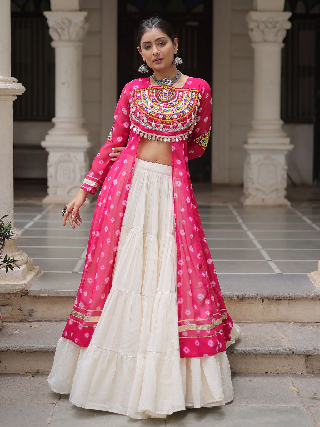 Pink bandhani print kurti with kutchi patchwork kora cotton lehenga