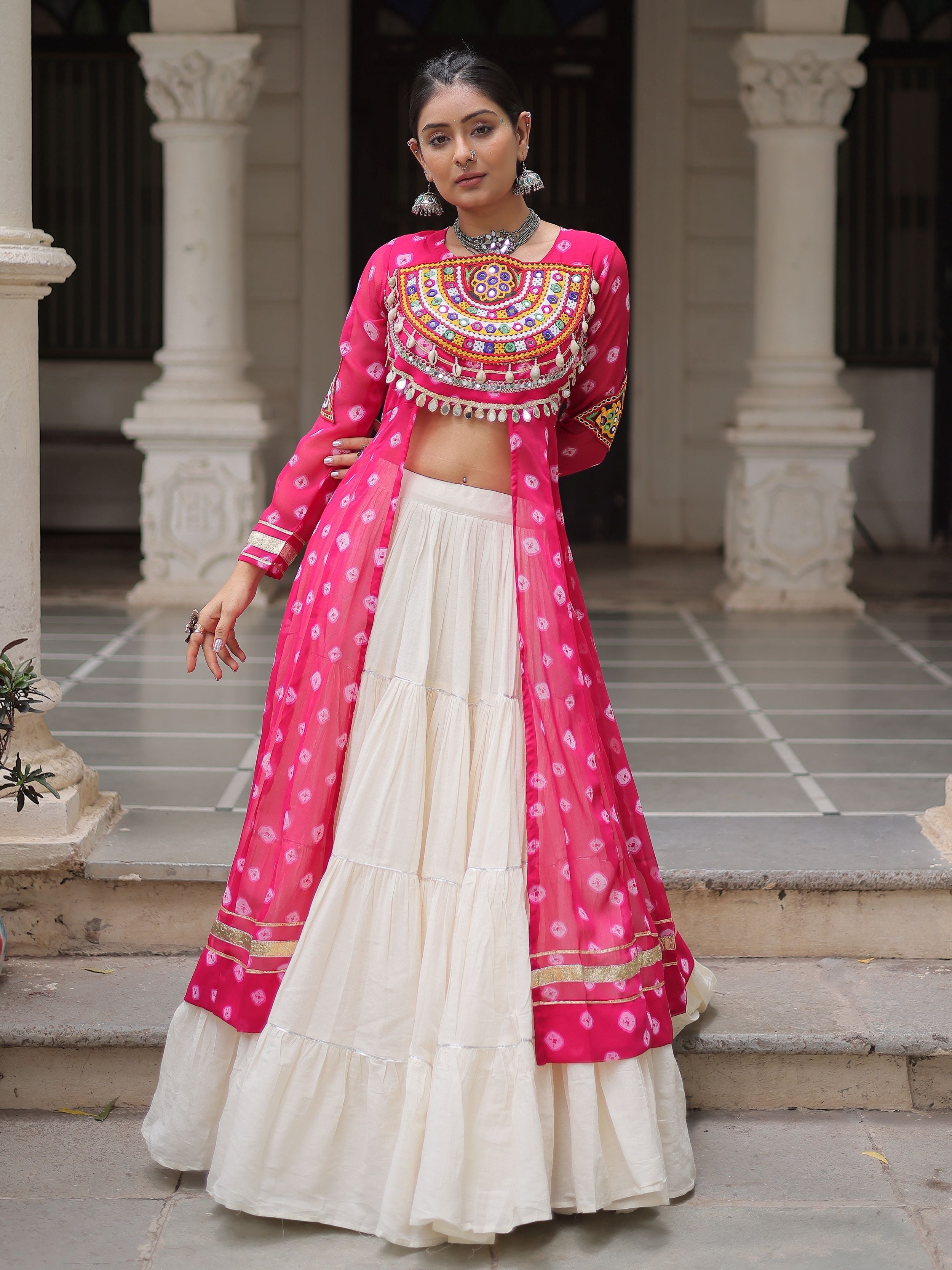 Pink bandhani print kurti with kutchi patchwork kora cotton lehenga