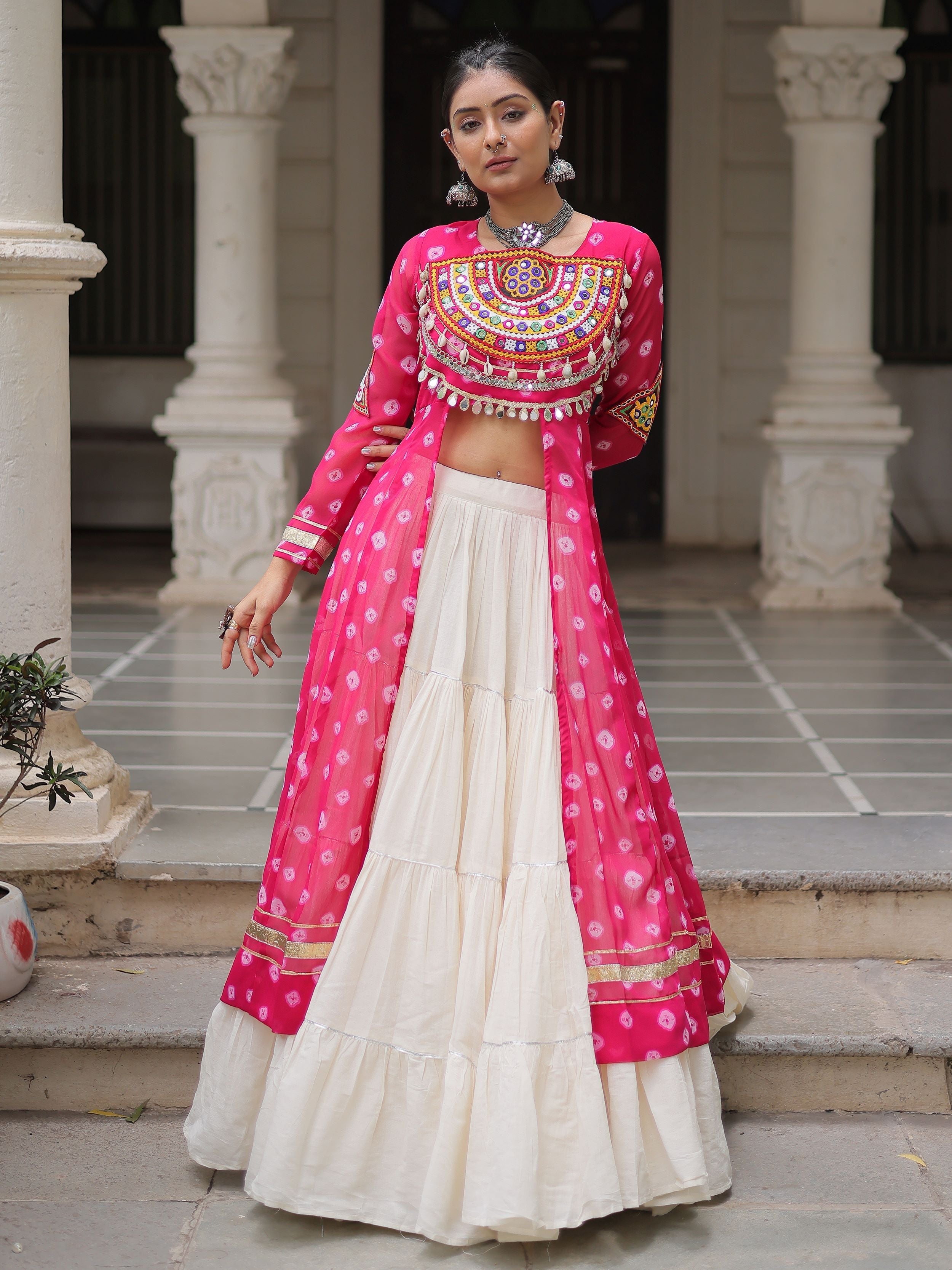 Pink bandhani print kurti with kutchi patchwork kora cotton lehenga