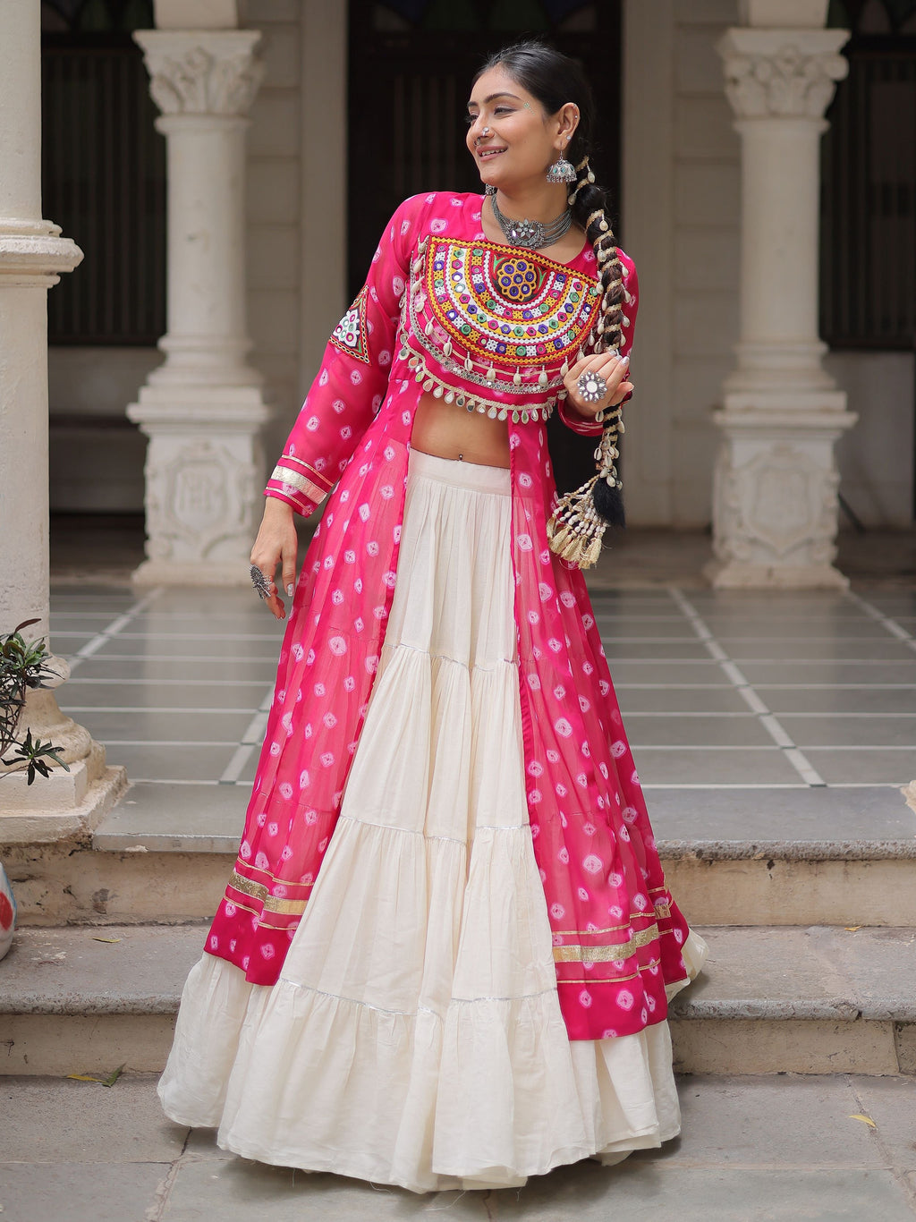 Pink bandhani print kurti with kutchi patchwork kora cotton lehenga