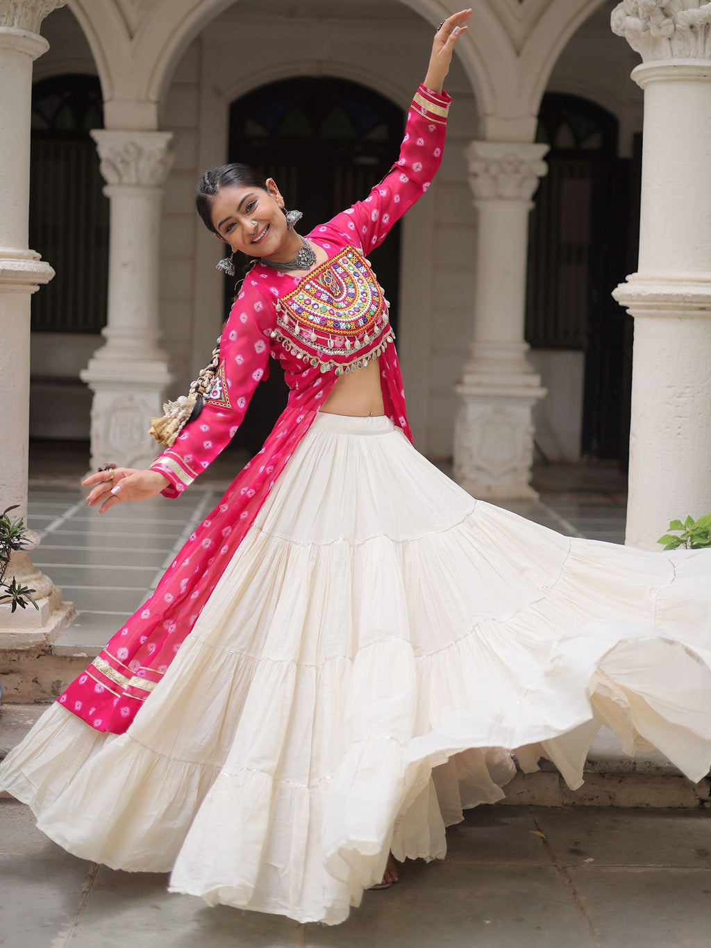 Pink bandhani print kurti with kutchi patchwork kora cotton lehenga