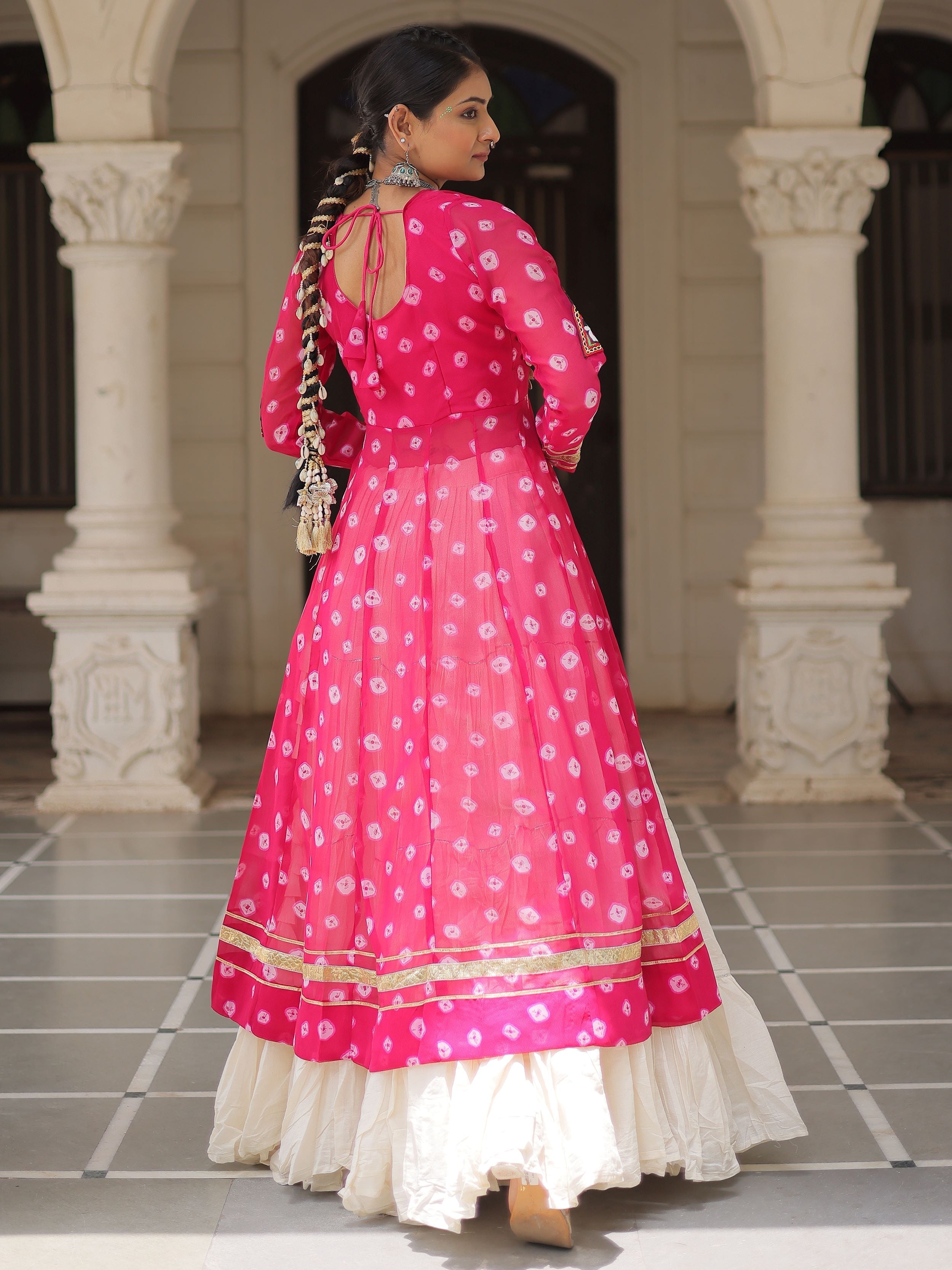 Pink bandhani print kurti with kutchi patchwork kora cotton lehenga