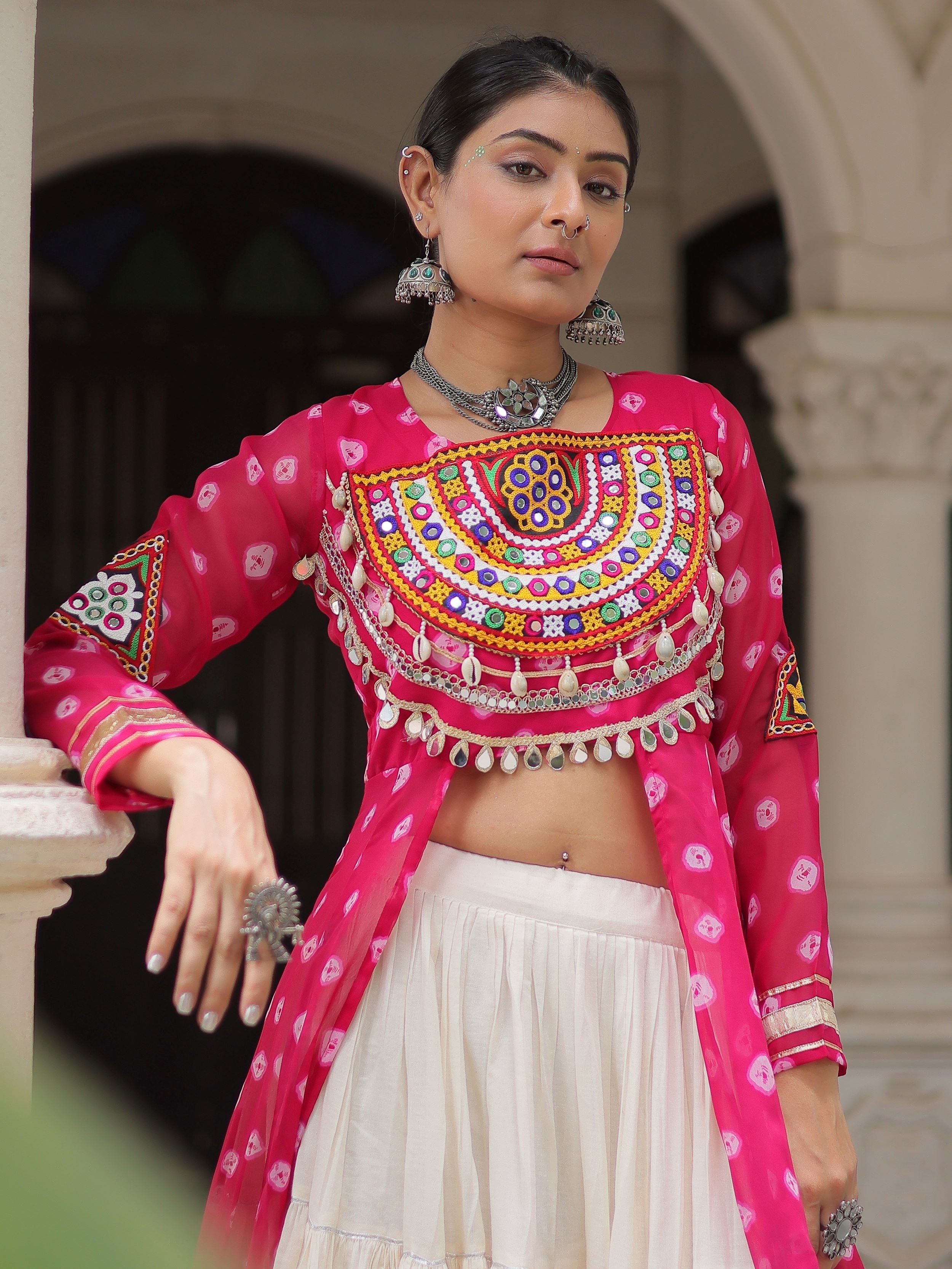 Pink bandhani print kurti with kutchi patchwork kora cotton lehenga