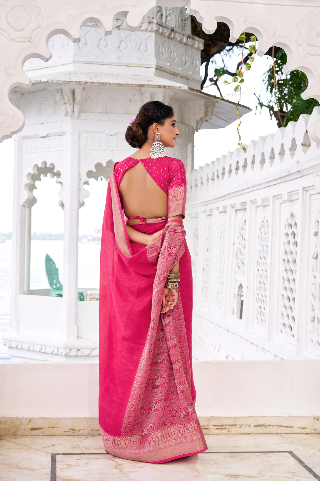 Pink and blue chinon self-printed zari weaving saree with blouse