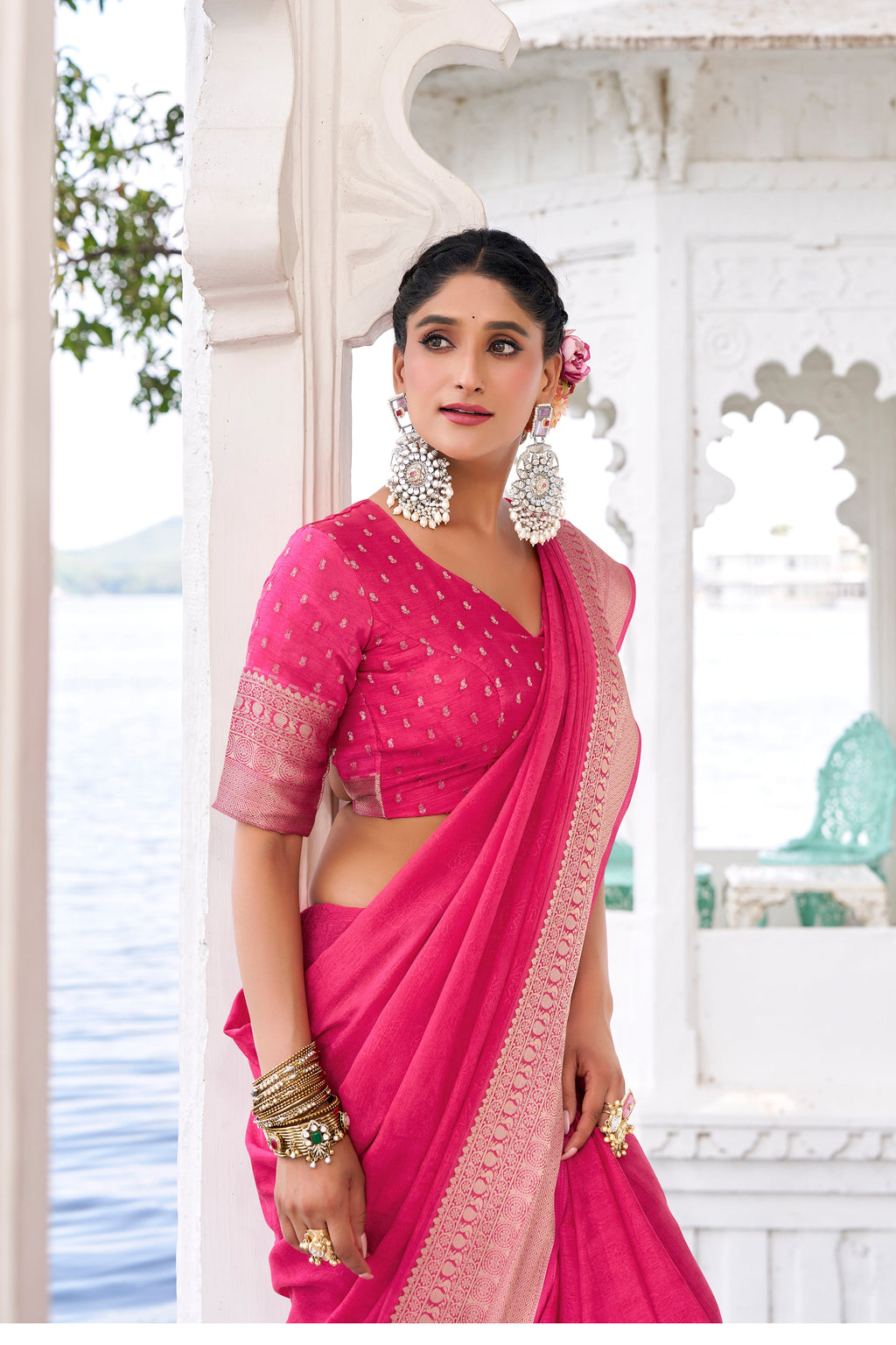 Pink and blue chinon self-printed zari weaving saree with blouse