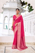 Pink and blue chinon self-printed zari weaving saree with blouse