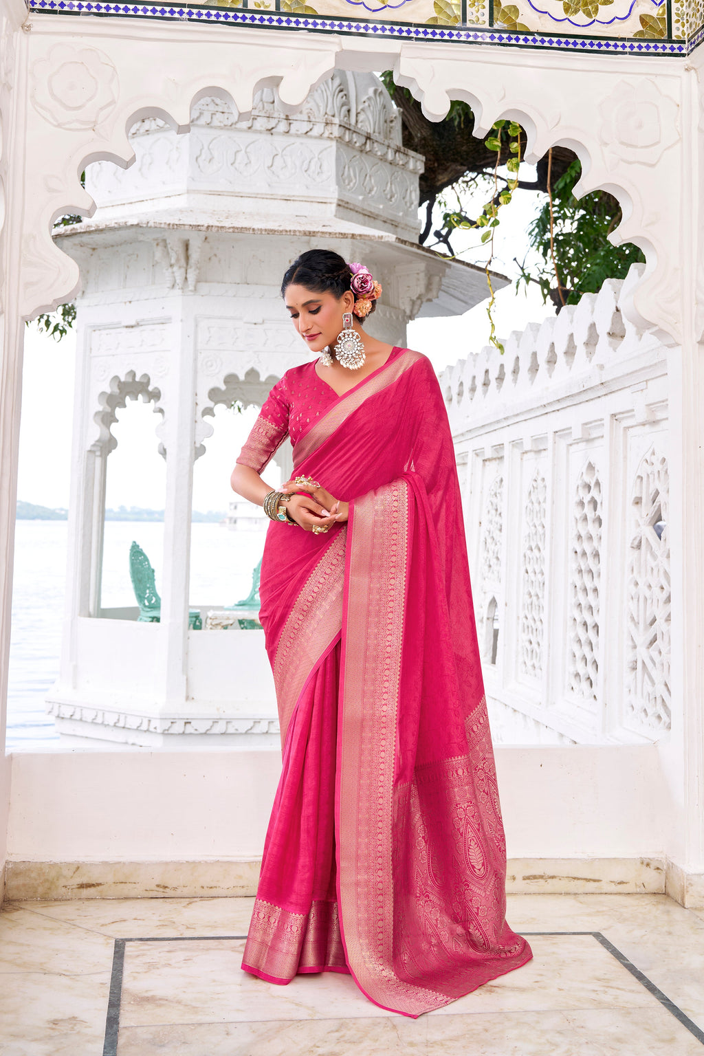 Pink and blue chinon self-printed zari weaving saree with blouse