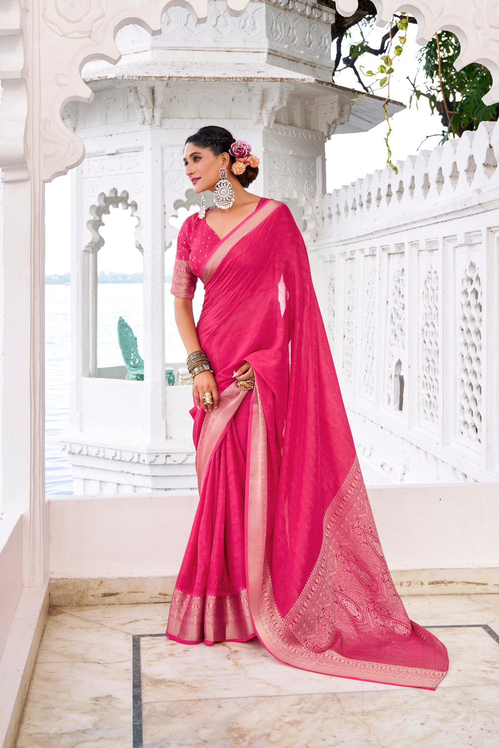 Pink and blue chinon self-printed zari weaving saree with blouse