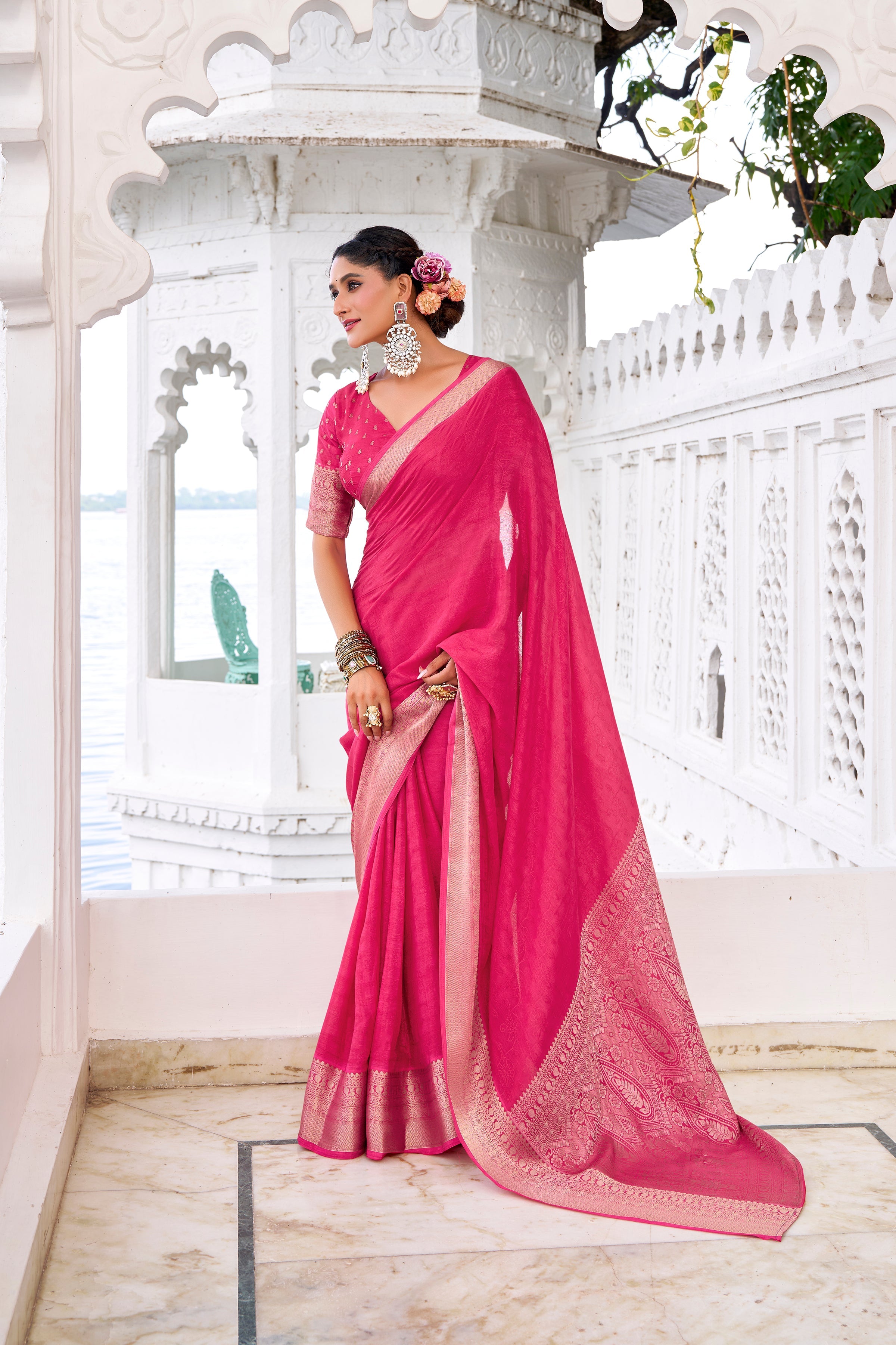 Pink and blue chinon self-printed zari weaving saree with blouse