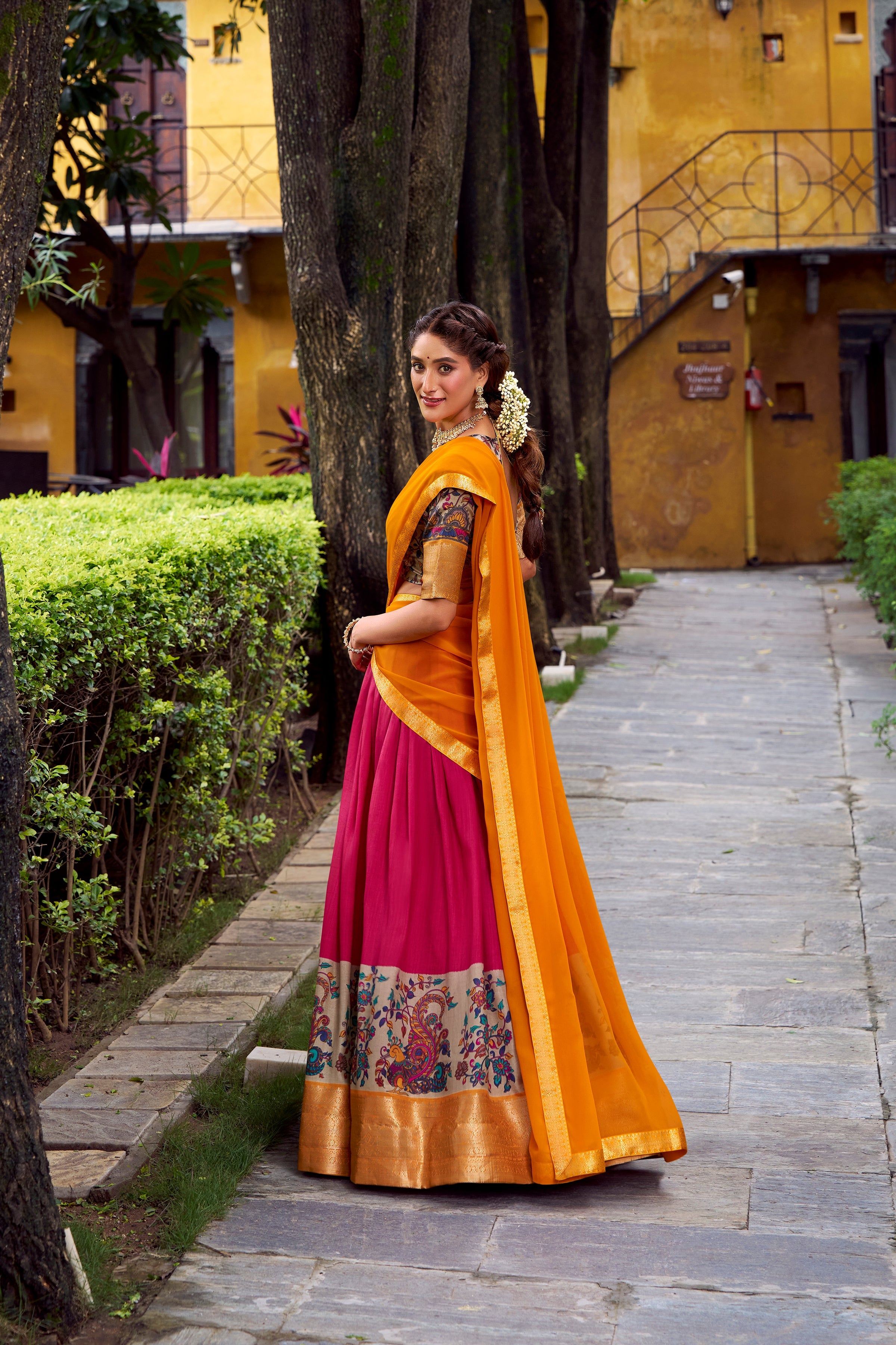 Avni pink Aastha silk printed zari weaving half saree lehenga