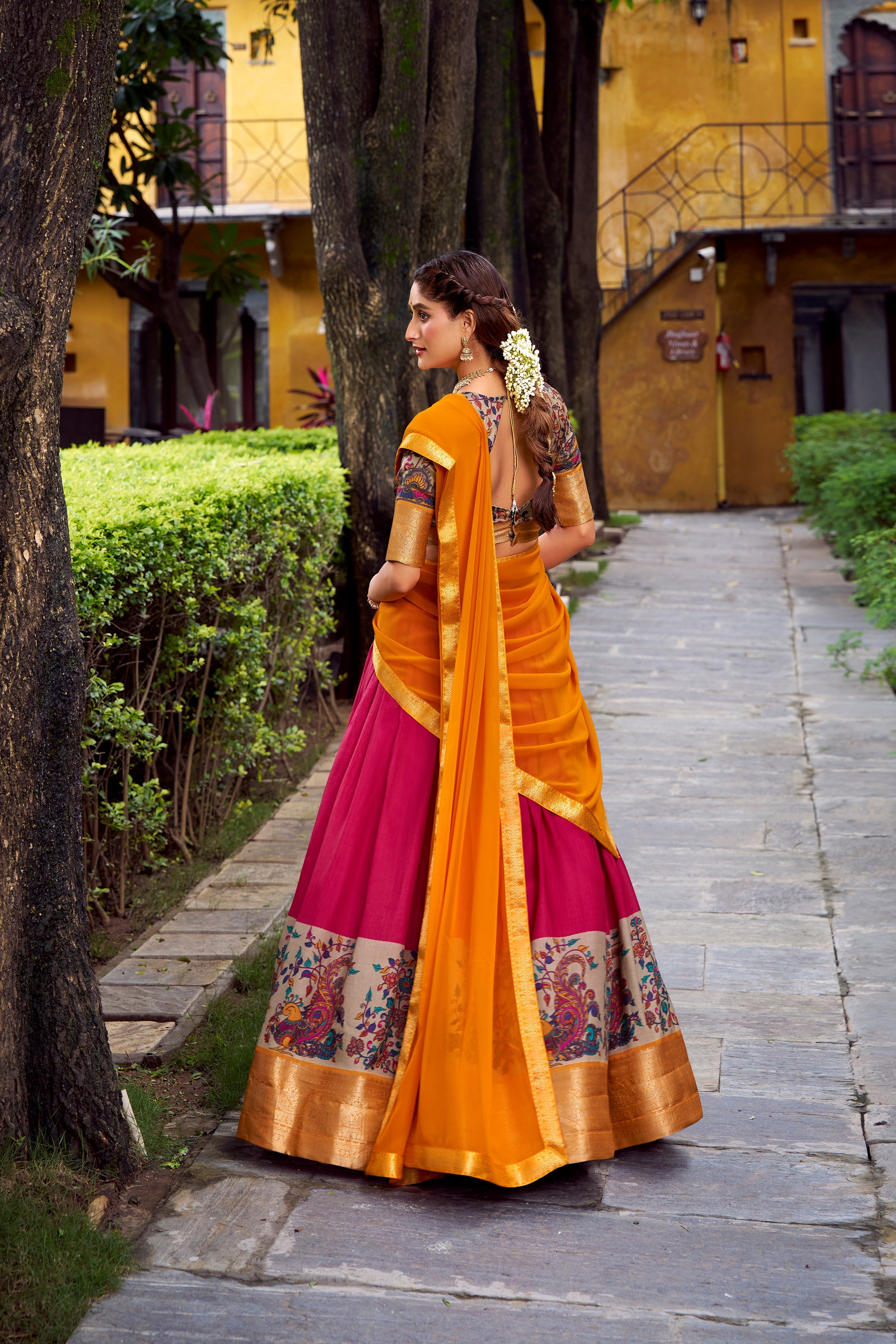 Avni pink Aastha silk printed zari weaving half saree lehenga