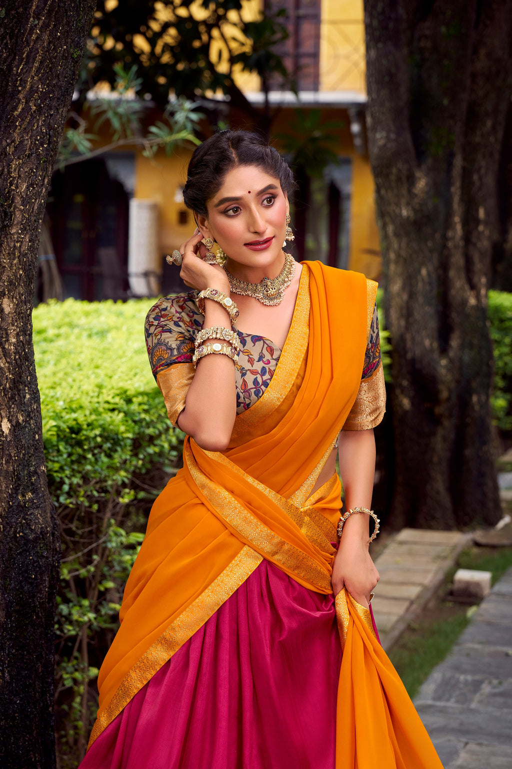 Avni pink Aastha silk printed zari weaving half saree lehenga