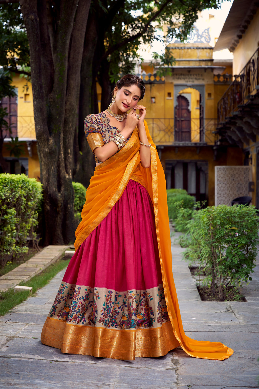 Avni pink Aastha silk printed zari weaving half saree lehenga