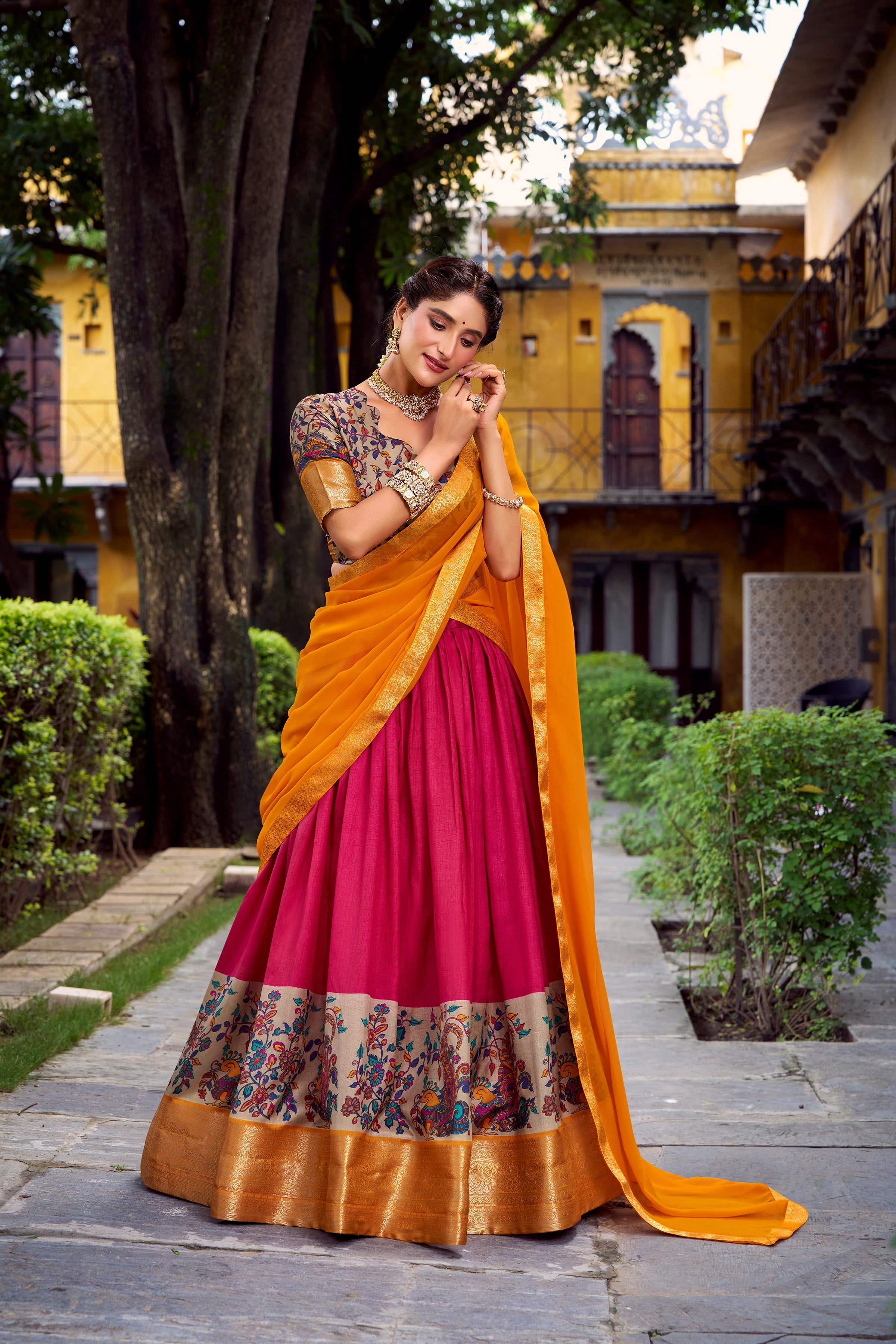 Avni pink Aastha silk printed zari weaving half saree lehenga
