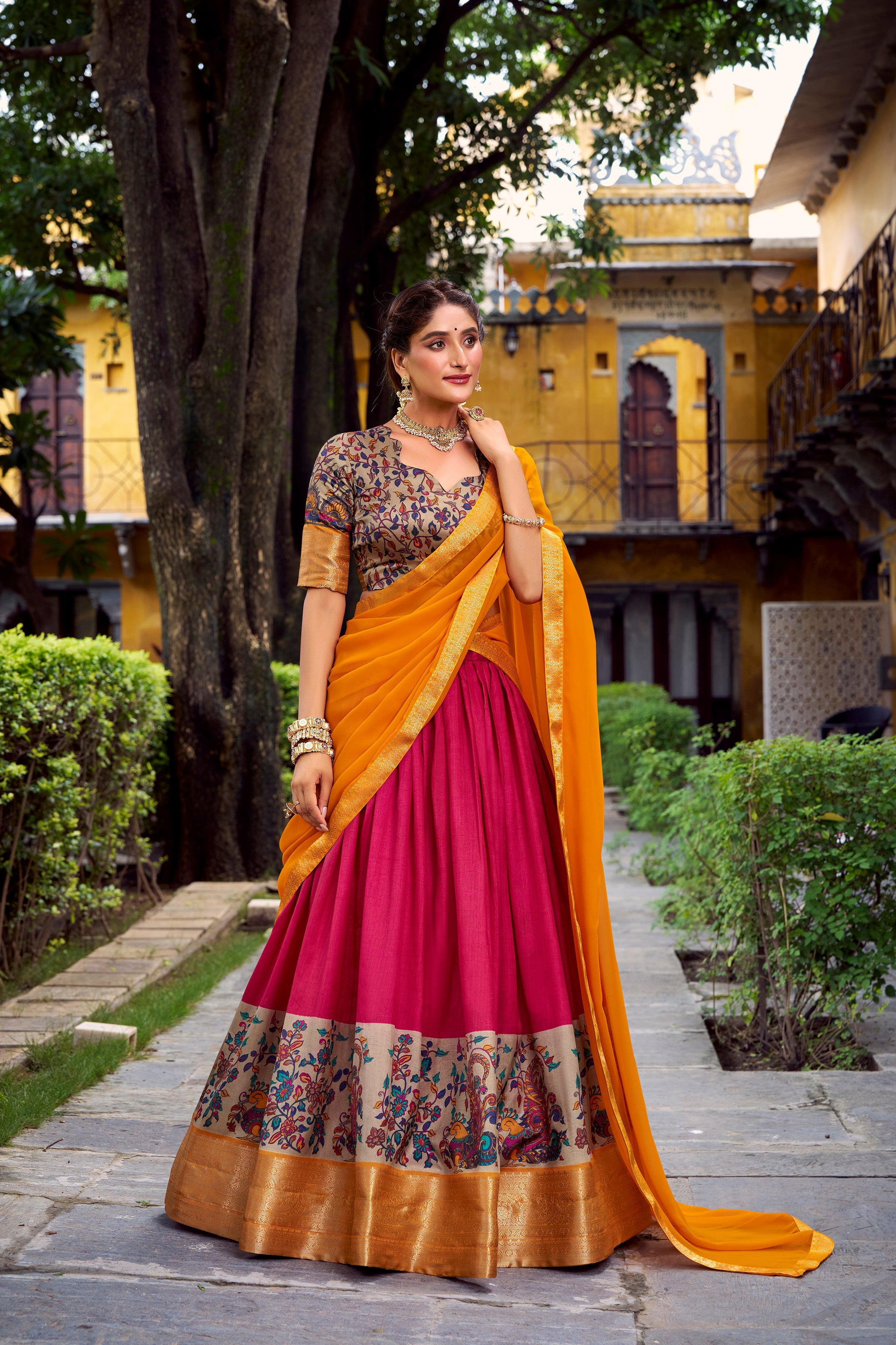 Avni pink Aastha silk printed zari weaving half saree lehenga