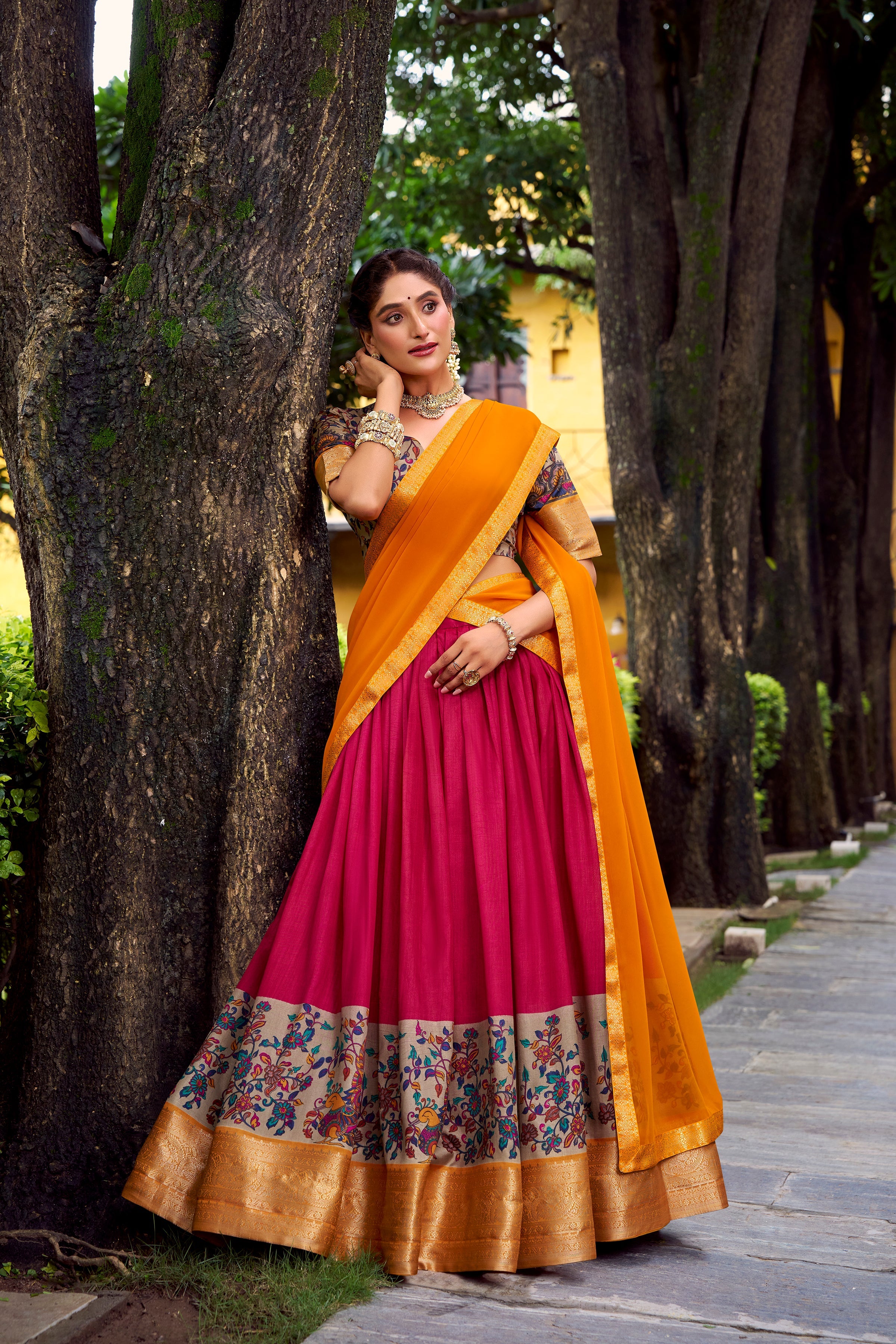 Avni pink Aastha silk printed zari weaving half saree lehenga