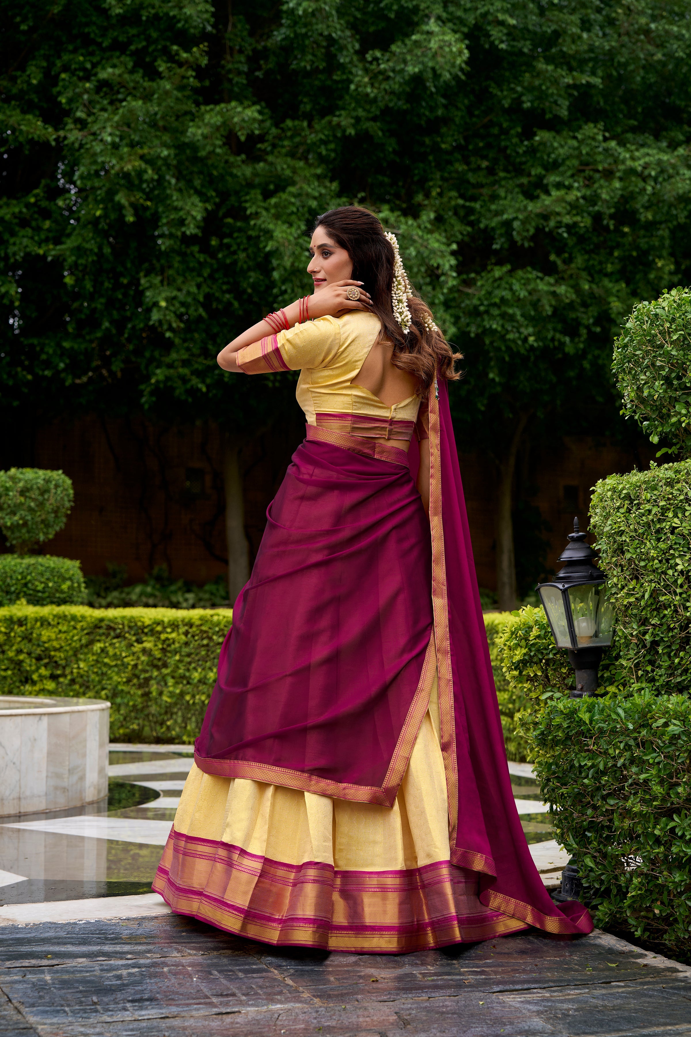 Pink Kanchipuram silk zari weaving half saree lehenga choli
