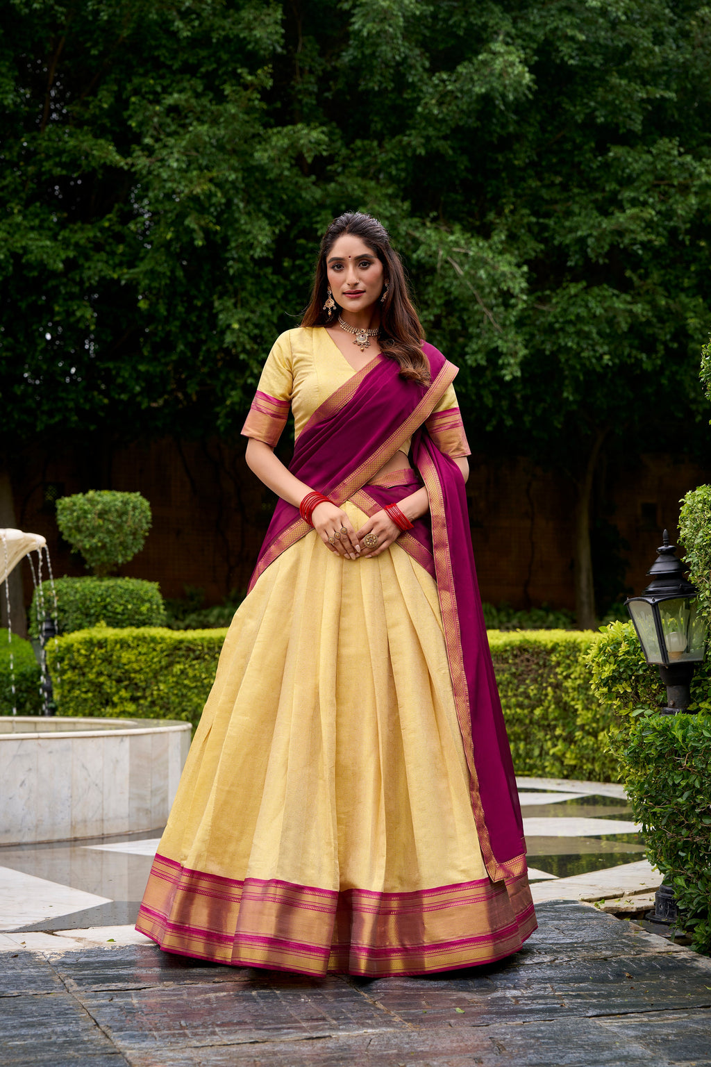 Pink Kanchipuram silk zari weaving half saree lehenga choli