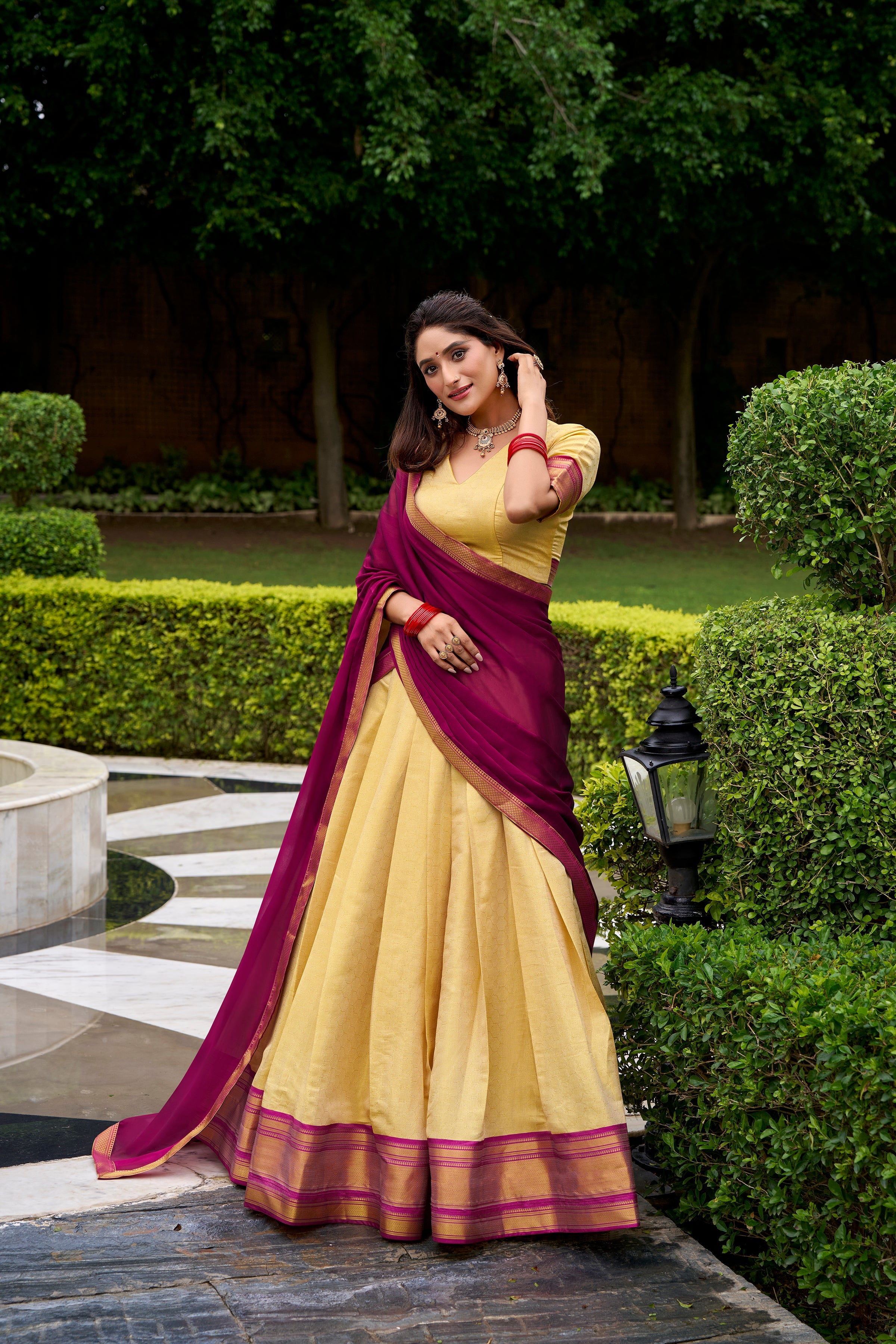 Pink Kanchipuram silk zari weaving half saree lehenga choli