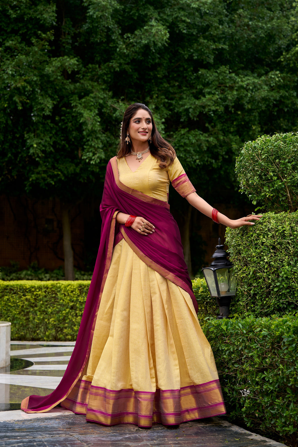 Pink Kanchipuram silk zari weaving half saree lehenga choli