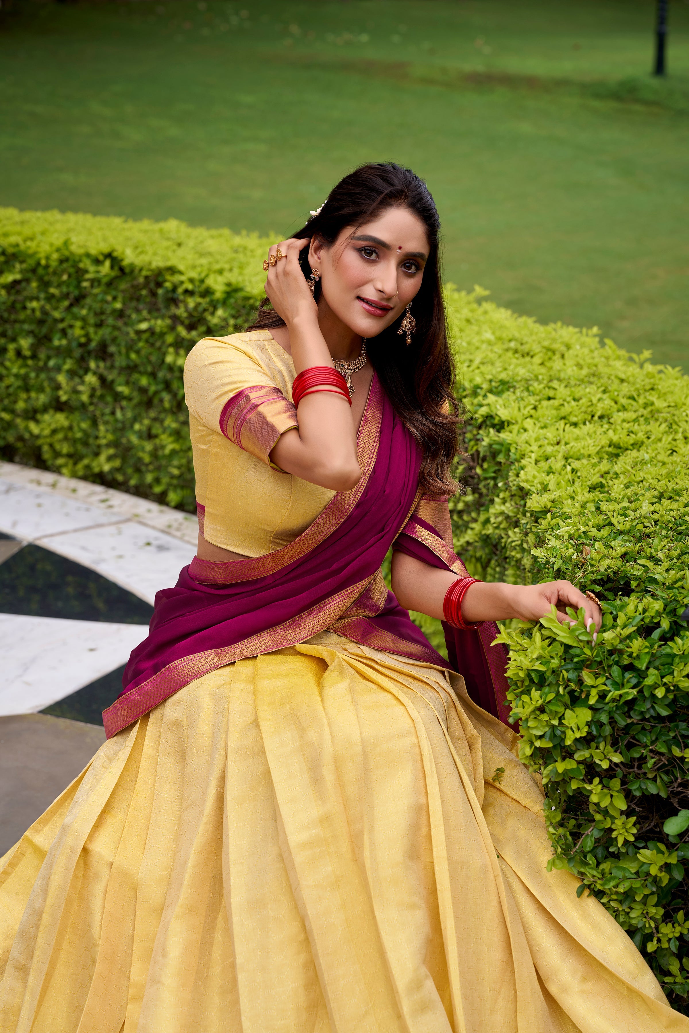 Pink Kanchipuram silk zari weaving half saree lehenga choli
