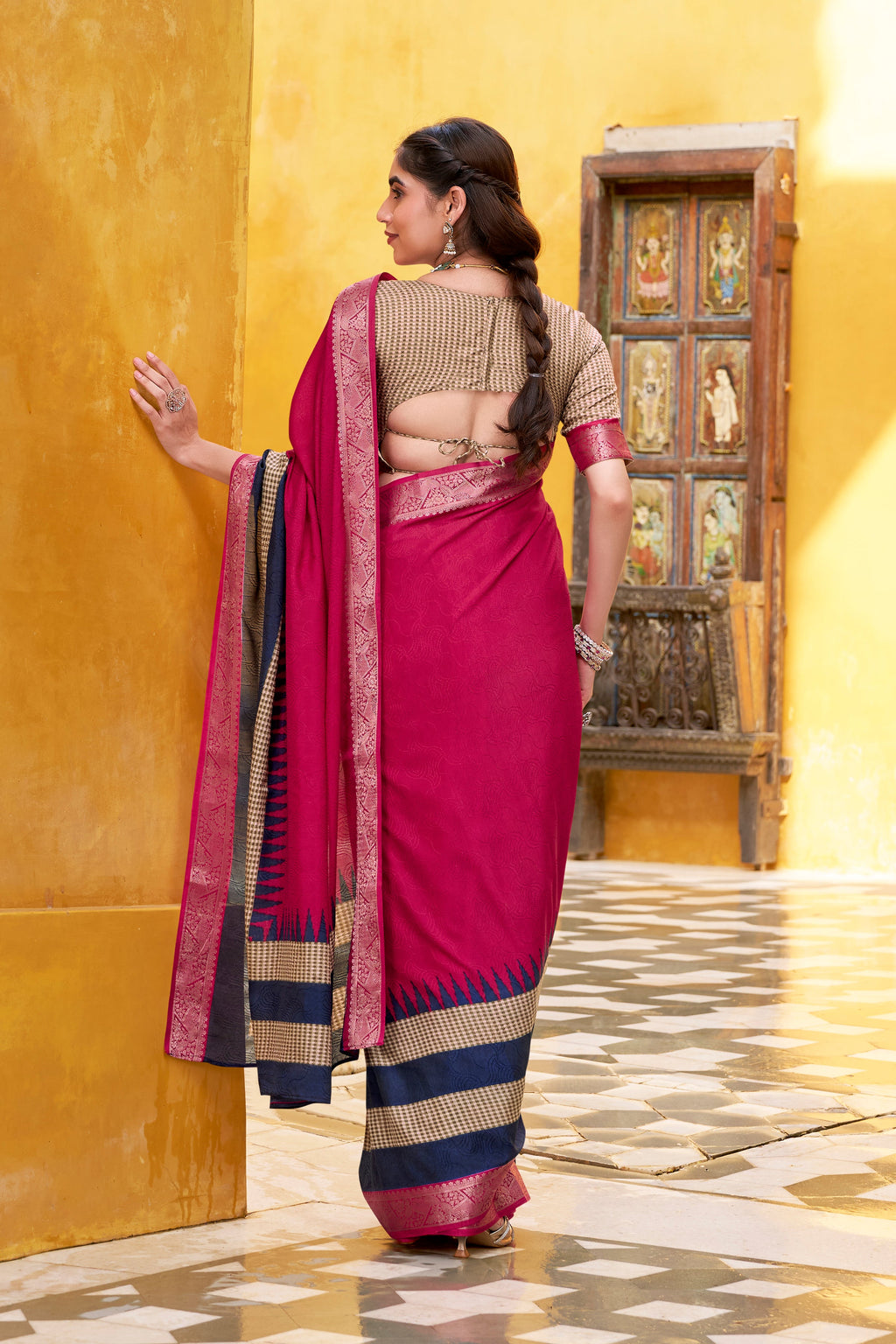 Pink poly cotton printed saree with zari weaving border and blouse