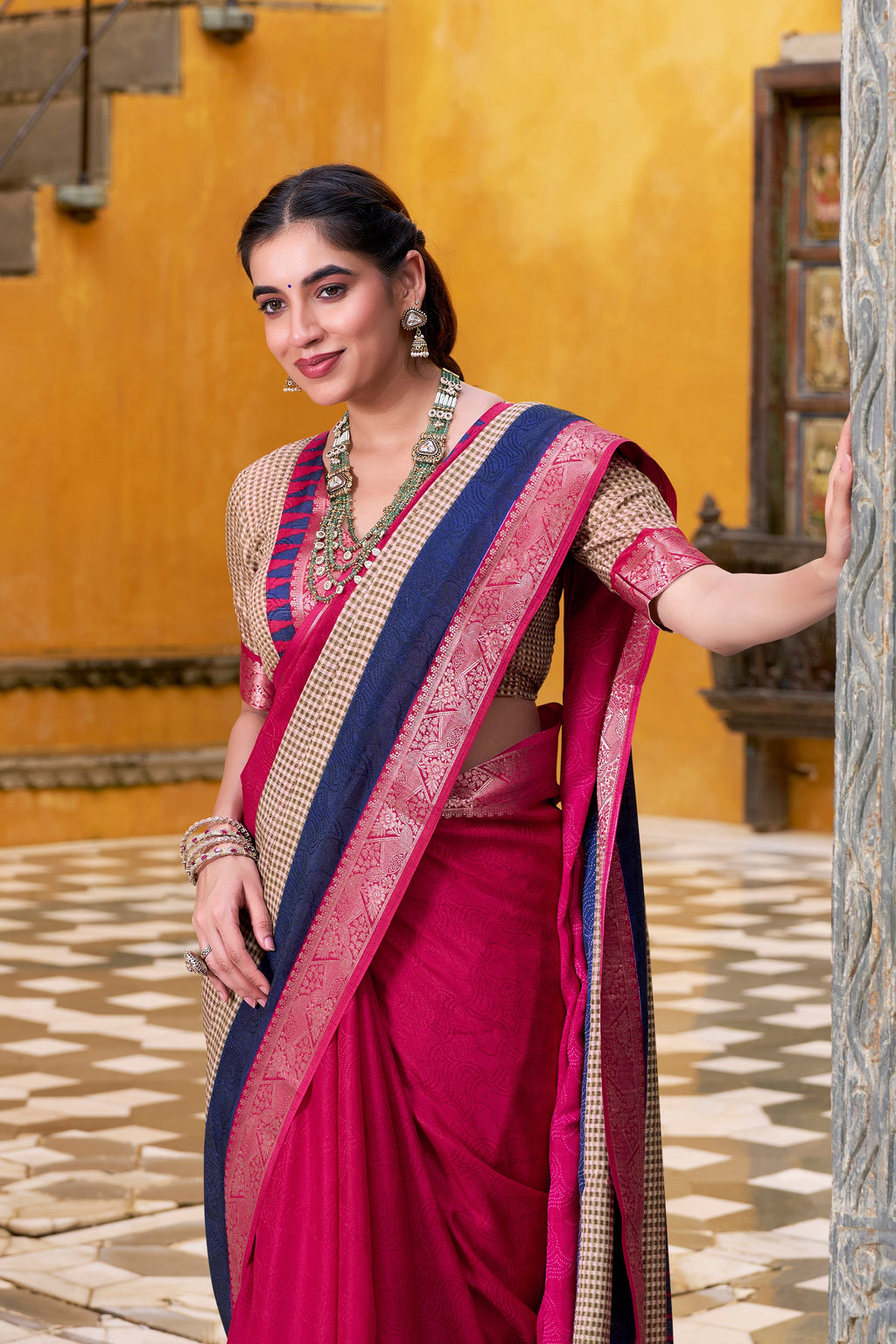 Pink poly cotton printed saree with zari weaving border and blouse