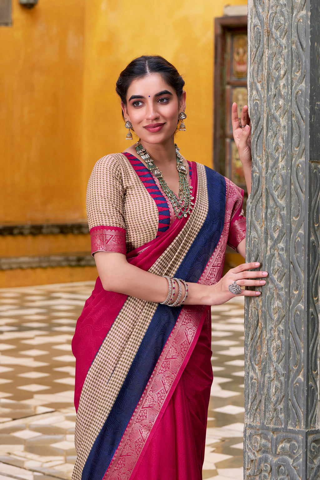 Pink poly cotton printed saree with zari weaving border and blouse